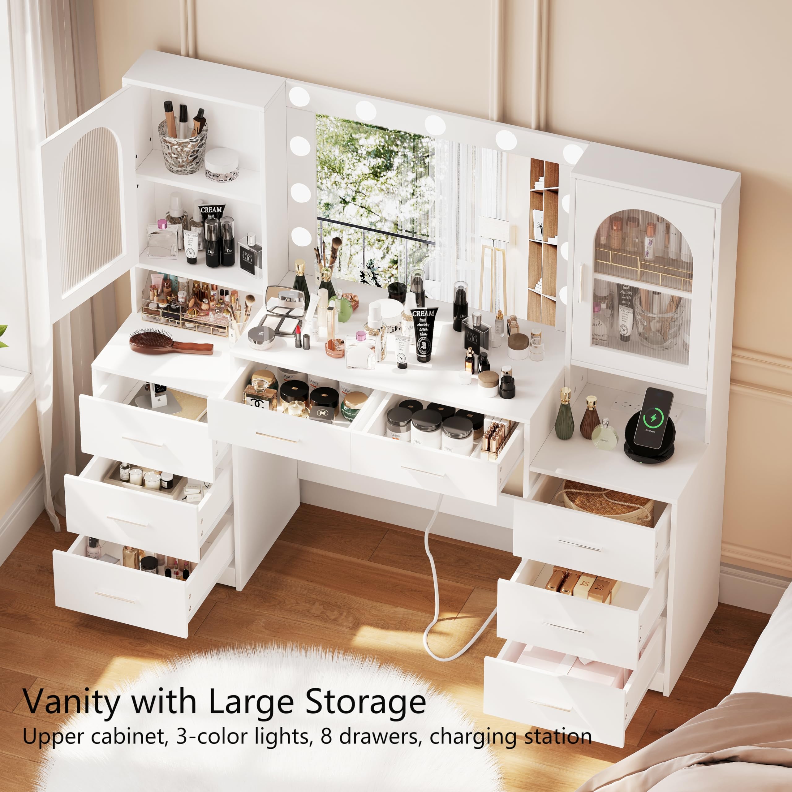Rovaurx 61.9 Inch White Vanity Desk with LED Mirror & Charging Station - Large Makeup Dressing Table with 8 Drawers, Side Cabinet & 3 Light Modes - Perfect for Bedroom, Dressing Room & Beauty Salon Organization