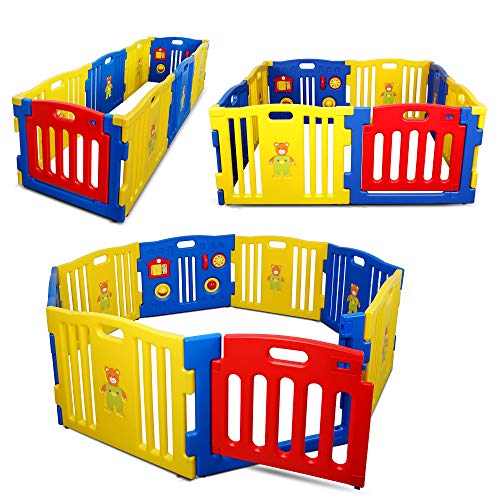 Kidzone 8 Panel Baby Playpen with Safety Gate - Interactive Play Yard for Toddlers, Anti-Fall Children Activity Center, ASTM Certified (Blue/Yellow/Red) - Perfect for Indoor Playrooms, Daycare Centers & Home Safety