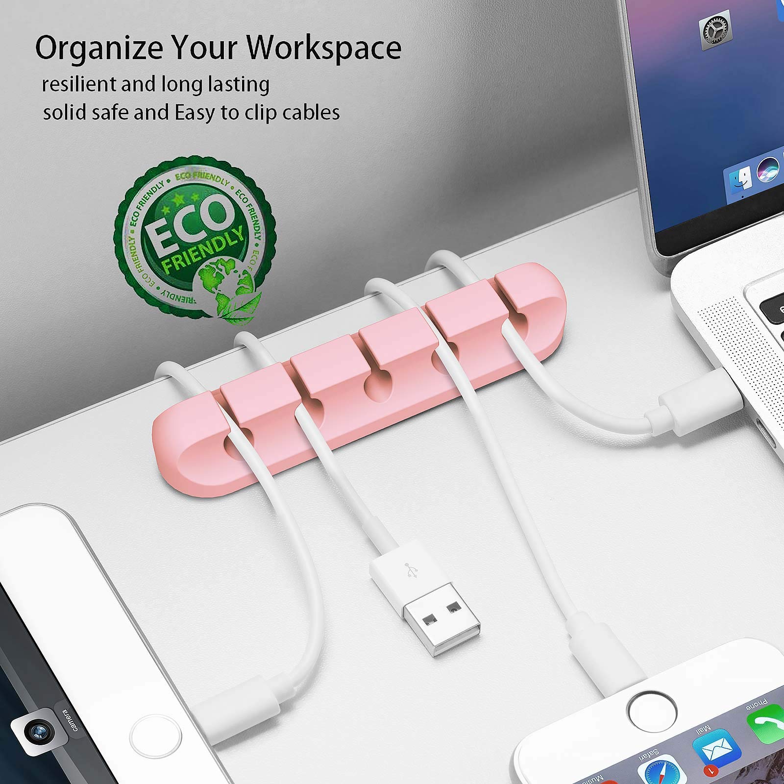 Pink Desk Cable Organizer Set - 5 Pack (7-5-3-1-1 Slots) Cord Holder for Wires Management | Keep Home, Office & Car Neat | Cute Desk Accessories for Computer, Phone & TV Cables