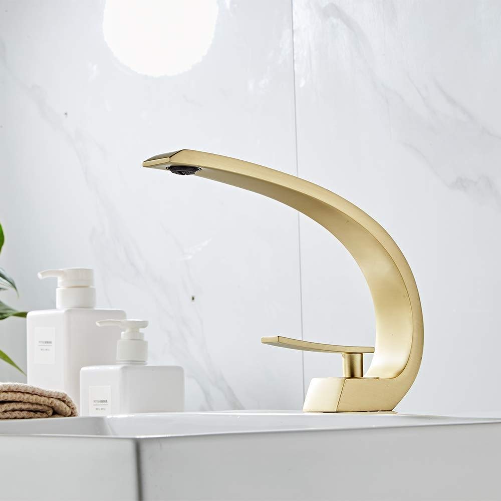 Brushed Gold Single Handle Waterfall Bathroom Sink Faucet - Modern Basin Mixer Tap with Elegant Design for Bathroom Vanity, Washbasin, and Powder Room (Perfect for Contemporary Home Decor)