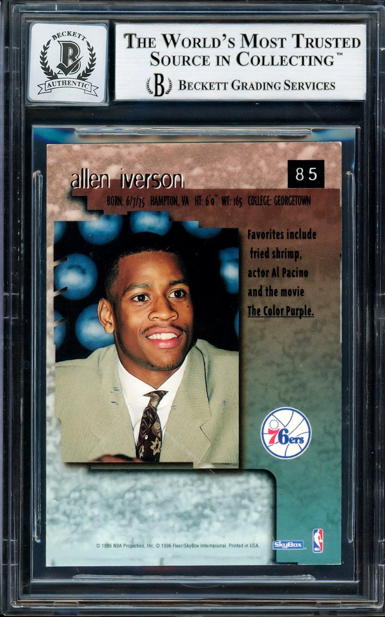Allen Iverson Autographed 1996-97 Skybox Premium Rookie Card #85 Philadelphia 76ers - Beckett BAS Gem Mint 10 Grade - Stock #205772 - Perfect for NBA Memorabilia Collectors and 76ers Fans Display
