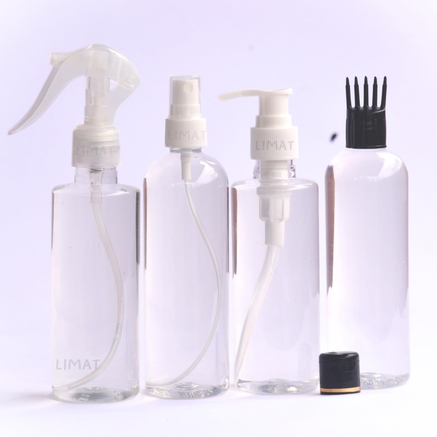 LIMAT 200ml Empty Spray Bottles - 4 Pack Small Plastic Refillable Bottles for Hair Oil, Beauty Water, Perfume & Rosemary - Travel Toiletries, DIY Hair Care & Home Essentials