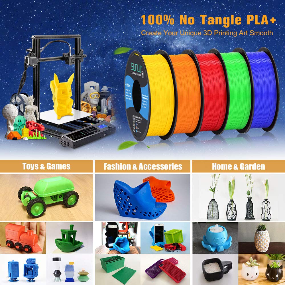 SUNLU PLA Filament 1.75mm 10KG (22LBS) for 3D Printing - High Precision +/- 0.02mm - Includes 10 Colors PLA Plus Bundle - Perfect for 3D Printers, 3D Pens & DIY Projects