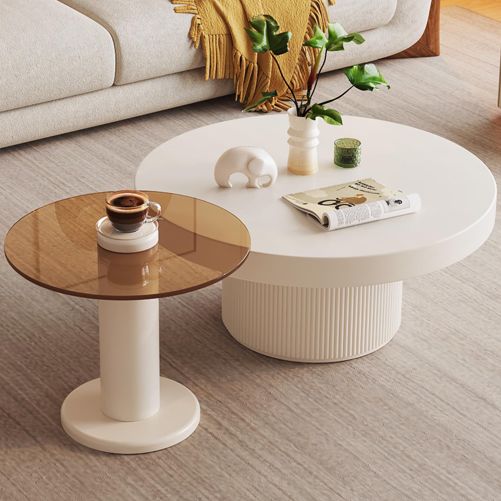 Modern 2-in-1 Round Nested Coffee Table Set - Creamy White Coffee Table with Tempered Glass Side Table - Space-Saving End Tables for Living Room, Bedroom & Small Spaces - Perfect for Coffee Time, Reading Nook & Home Decor