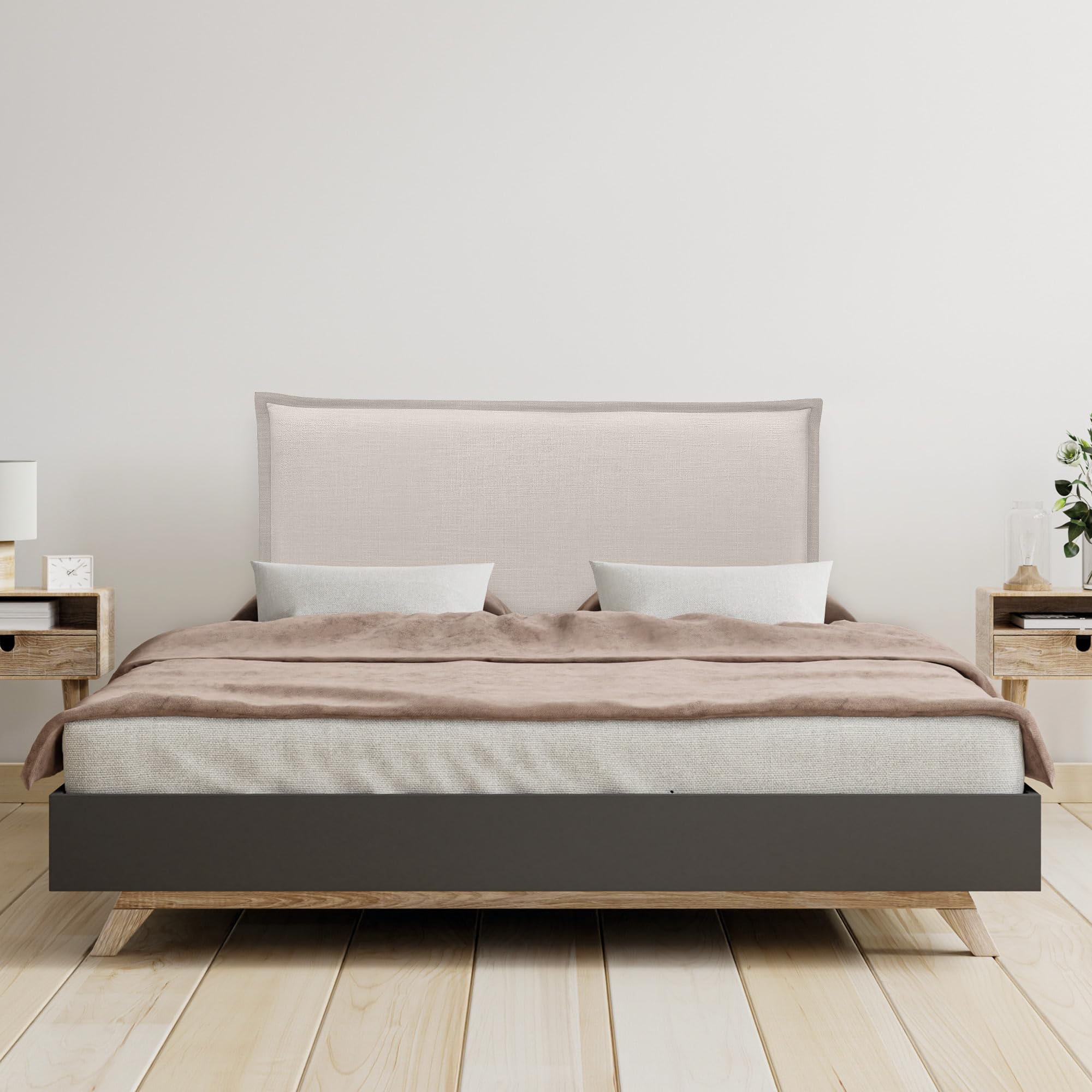 DHOME Natural Linen Upholstered Bed Frame with Floor-Length Skirt - 8cm Thick Modern Headboard for 80cm Beds (Beige, 90cm) | Perfect for Contemporary Bedrooms & Guest Rooms