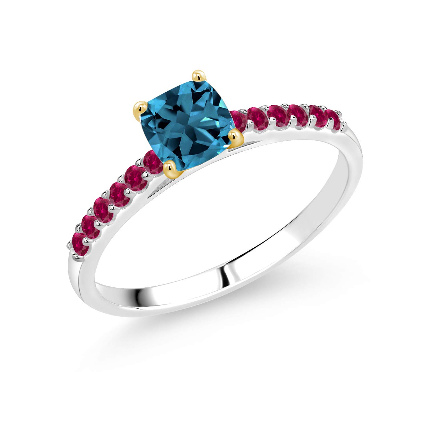 2.18 Ct London Blue Topaz & Red Created Ruby 925 Sterling Silver Ring with 10K Gold Prongs - Elegant Gemstone Jewelry for Women, Perfect for Weddings, Anniversaries & Special Occasions