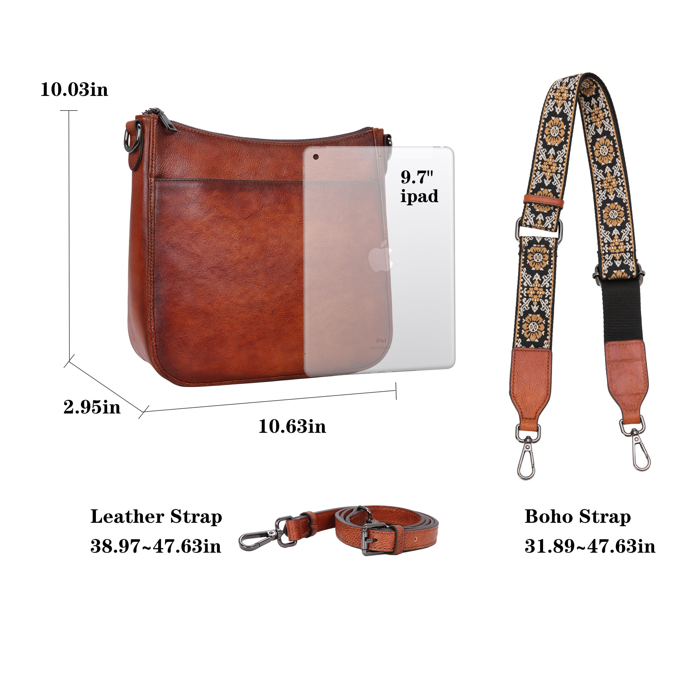 HESHE Genuine Leather Crossbody Bag for Women - Medium Shoulder Purse with Adjustable Guitar Strap, Satchel Handbag for Travel, Work & Everyday Use