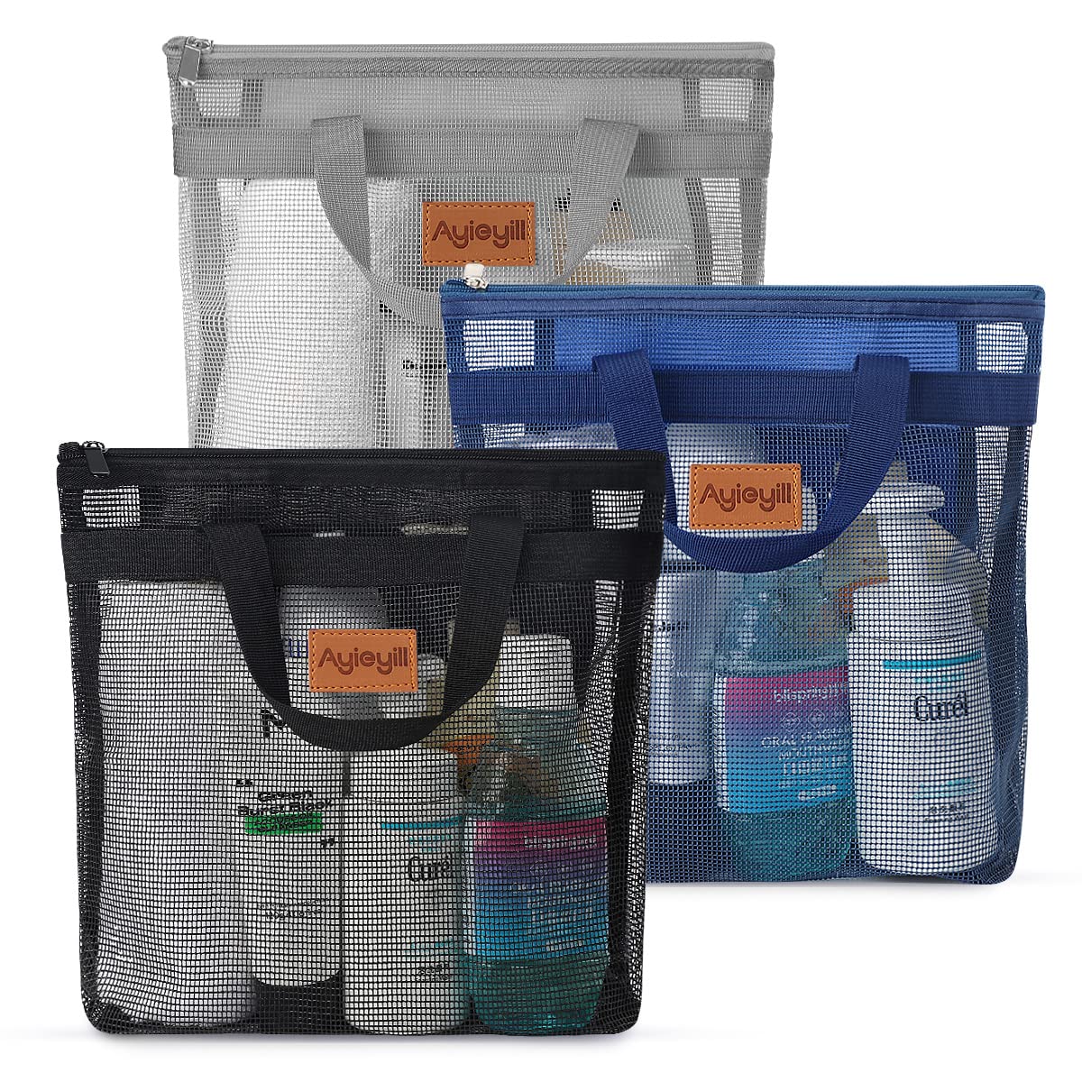 3-Pack Quick Dry Mesh Shower Caddy Tote Bags - Portable Hanging Toiletry Organizer for Travel, Beach, Gym & College Dorms - Perfect for Swimming, Camping & Shopping (Black, Gray, Blue)