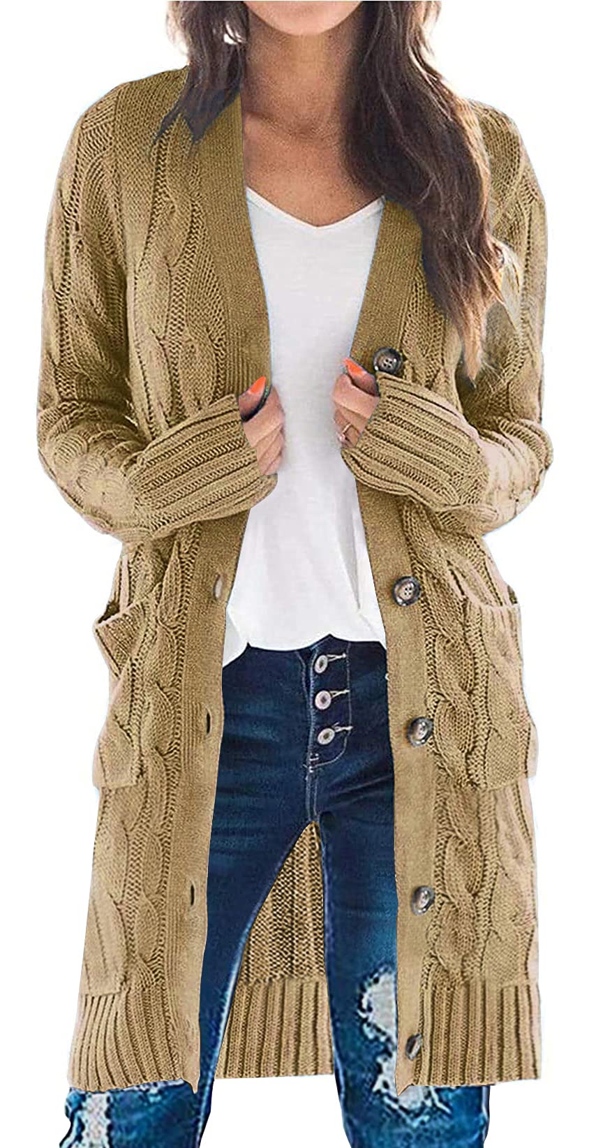 PRETTYGARDEN Women's Chunky Cable Knit Long Sleeve Cardigan - Open Front Button Sweater with Pockets for Fall Winter 2025 | Cozy Layering for Office, Date Night & Casual Outfits