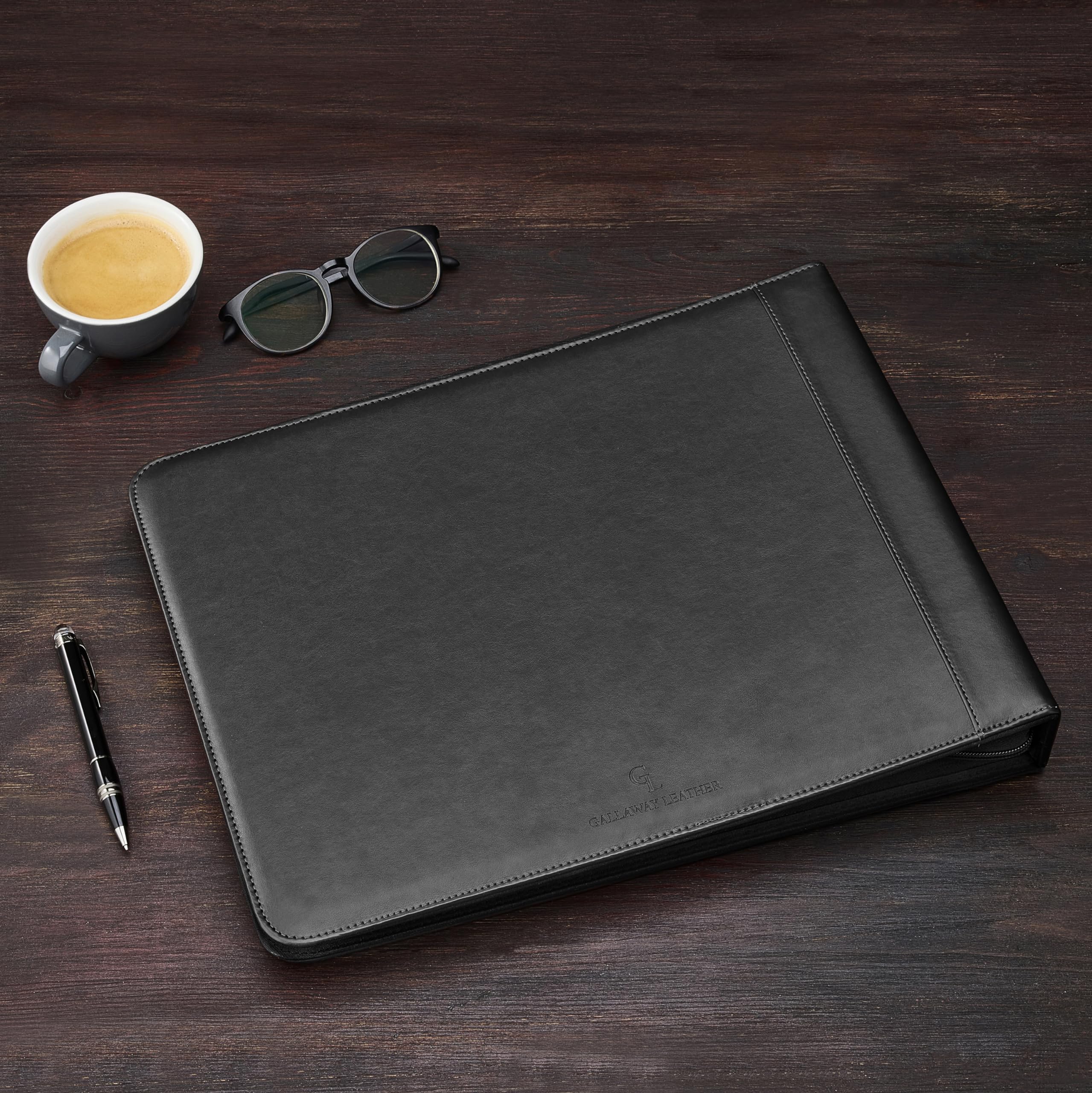 GALLAWAY LEATHER 7 Ring Business Checkbook Binder - PU Leather Zippered Check Portfolio Holder with 600 Checks Capacity for Executives & Personal Use (Black) | Perfect for Office, Banking & Financial Organization