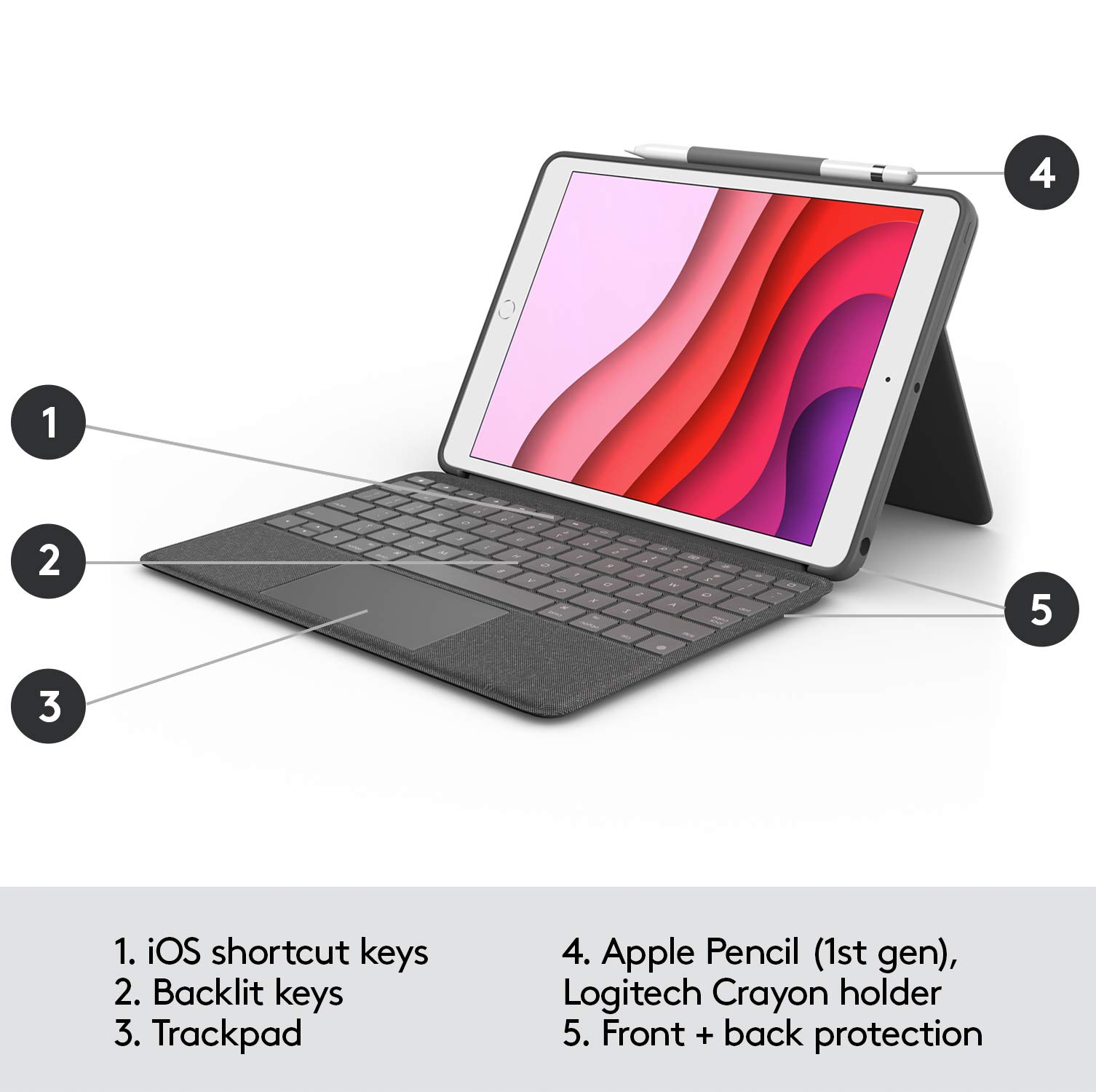 Logitech Combo Touch Keyboard Case with Trackpad for iPad 7th/8th/9th Gen - Wireless Smart Connector Technology - Graphite - Perfect for Work, Study & Creative Projects