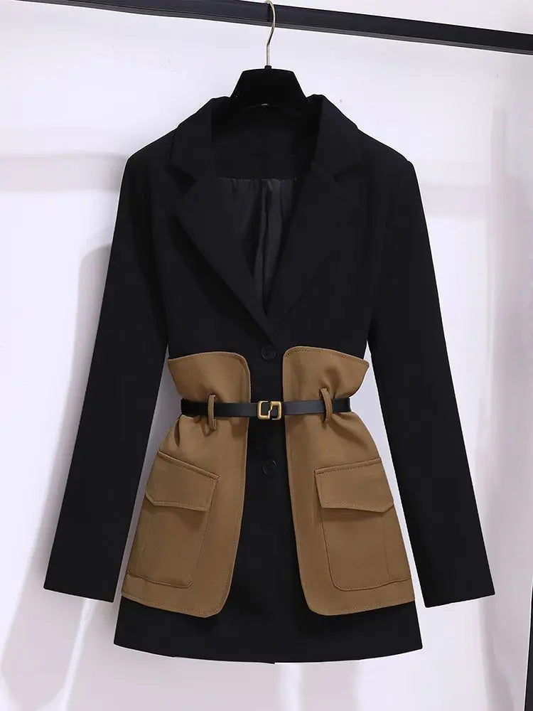 2023 Women's Spring Patchwork Belted Jacket & Pants Suit - Elegant Office Blazer Set for Business Casual Outfits | Professional Workwear & Stylish Business Attire