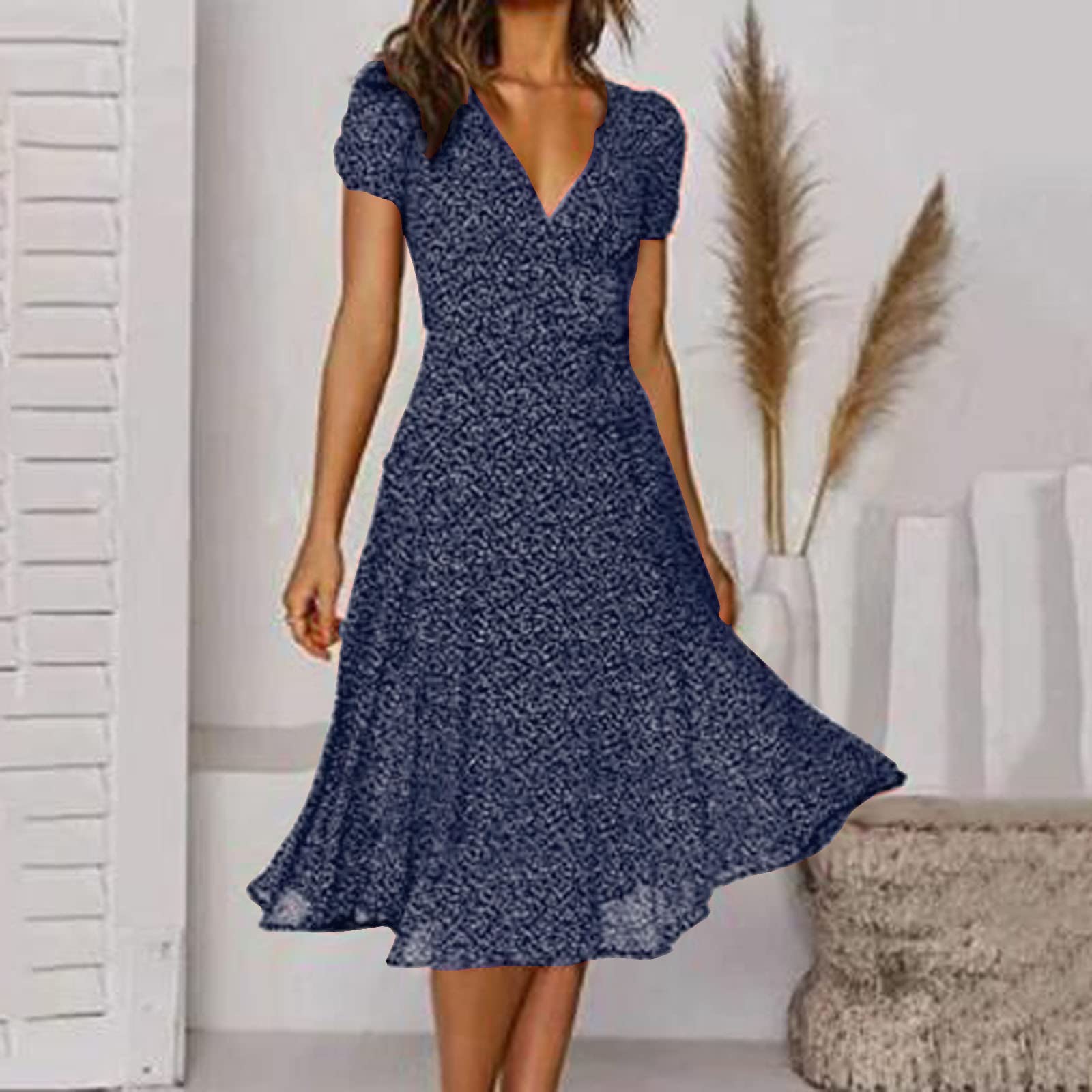 AMhomely Women's Summer Dresses - Elegant V-Neck Bandage Print Casual Short Sleeve Maxi Dress for Special Occasions | Plus Size & Petite Options | Perfect for Beach Vacations, Date Nights & Summer Parties