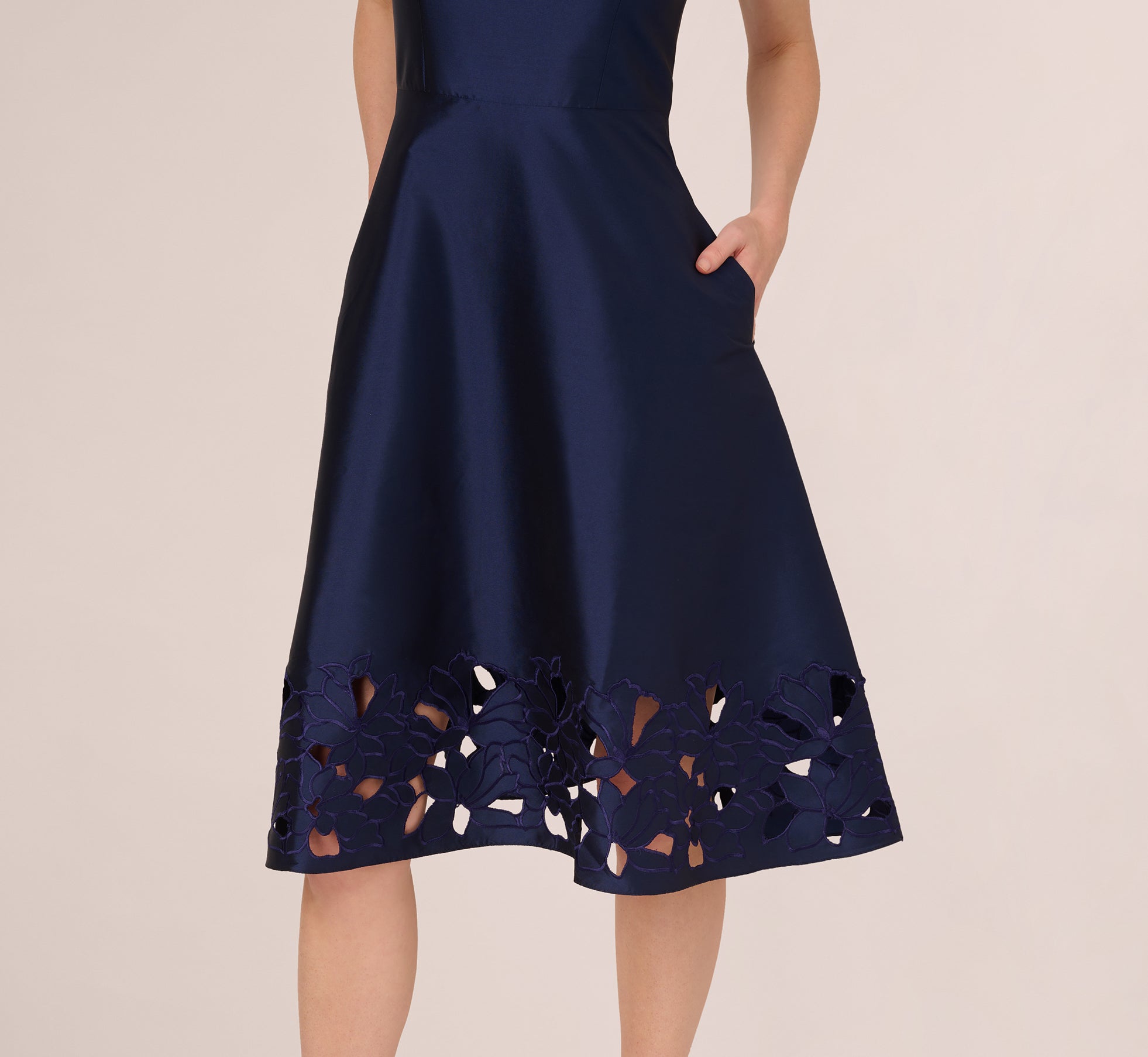 Light Navy Sleeveless Taffeta Floral Cutwork Midi Dress for Women - Perfect for Summer Weddings, Garden Parties & Cocktail Events