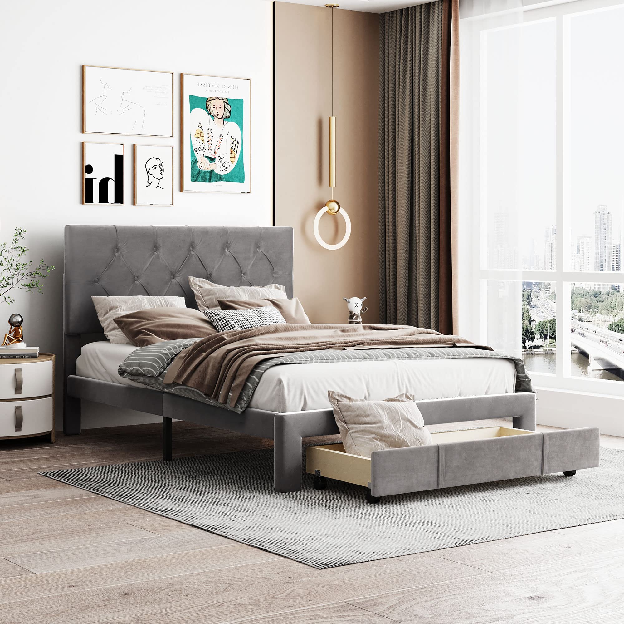 Merax Full Storage Bed Frame with Adjustable Headboard - Grey, No Box Spring Needed for Bedrooms