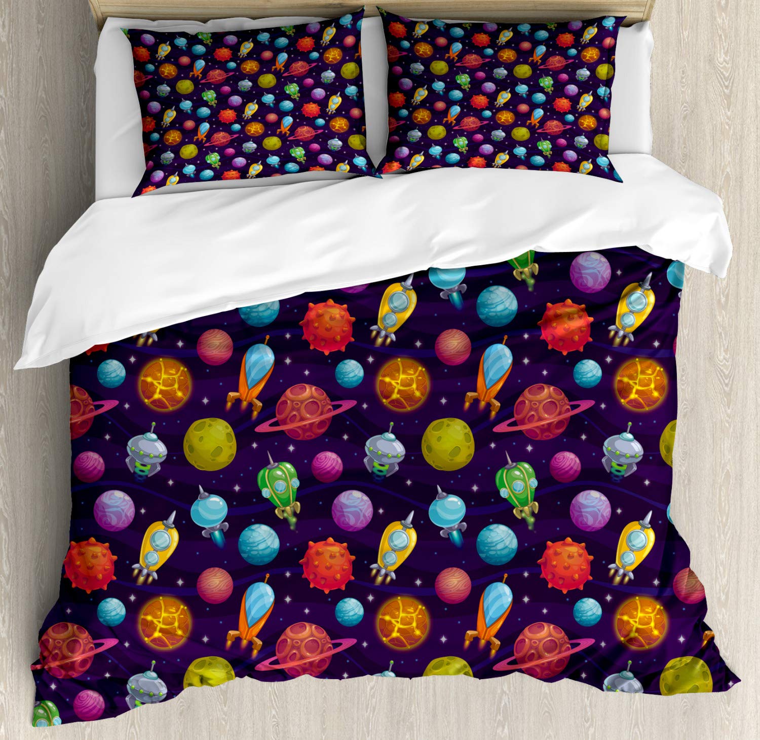 Lunarable Outer Space Duvet Cover Set - Cartoon Planets & Spaceships Galaxy Print Bedding - 2 Duvet Covers & 4 Pillowcases - 2 Pack California King Size Dark Blue - Perfect for Kids' Rooms, Space Themed Bedrooms & Sci-Fi Decor