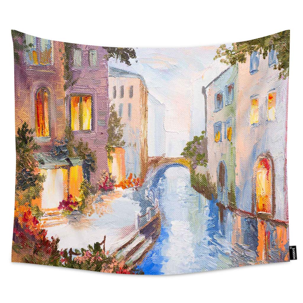 Extra Large Venice Canal Oil Painting Tapestry Wall Hanging - 90x60 Inches Modern Impressionism Art for Bedroom Decor | Italian Landscape Wall Art for Living Room, Dorm & Home Aesthetic
