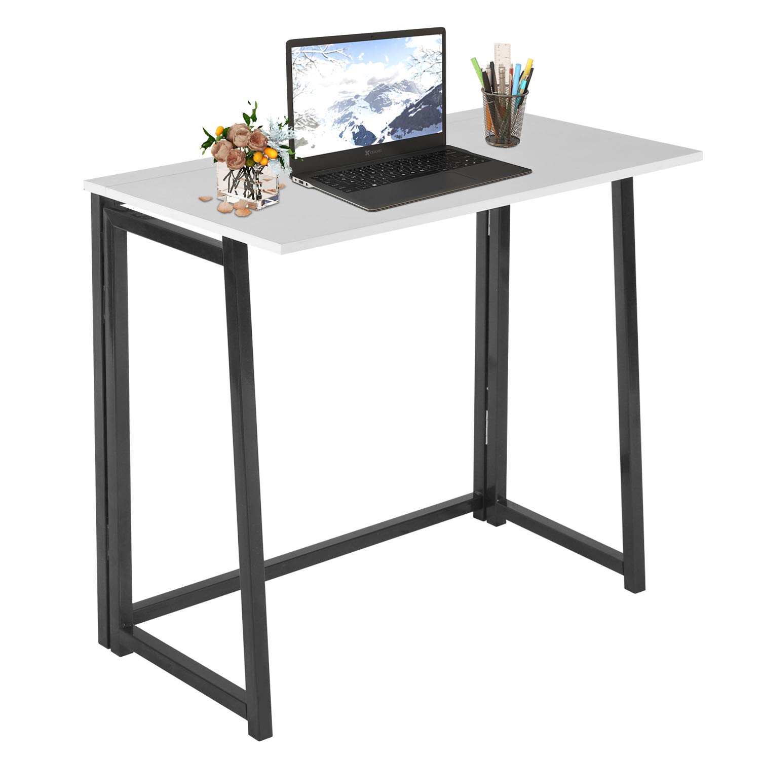 Compact No-Assembly Computer Desk - Foldable Home Office Desk for Small Spaces, Study & Writing Workstation (White+Black) | Perfect for Apartments, Dorms & Home Offices