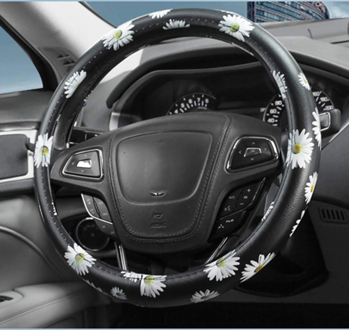 Premium Leather Floral Steering Wheel Cover - Universal Fit 36-38cm, Anti-Slip Car Accessory for Women | Fashionable Black & White Design | Perfect for Daily Commute & Road Trips