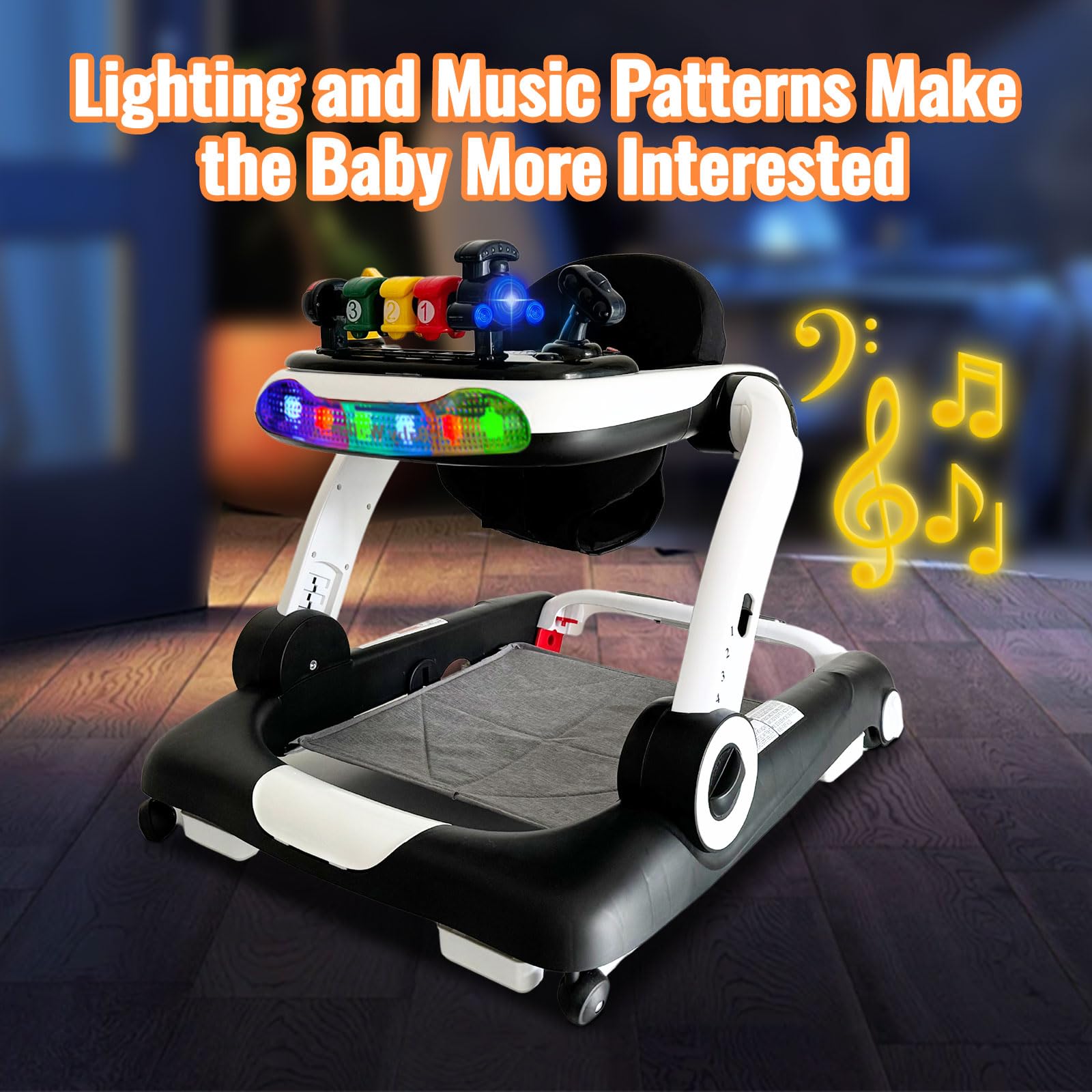 6-in-1 Music & Lights Baby Walker with Wheels - Adjustable Activity Center for Toddlers 7-18 Months | Removable Footrest & Feeding Tray | Interactive Bouncer for Boys & Girls | Perfect for Learning to Walk & Indoor Playtime