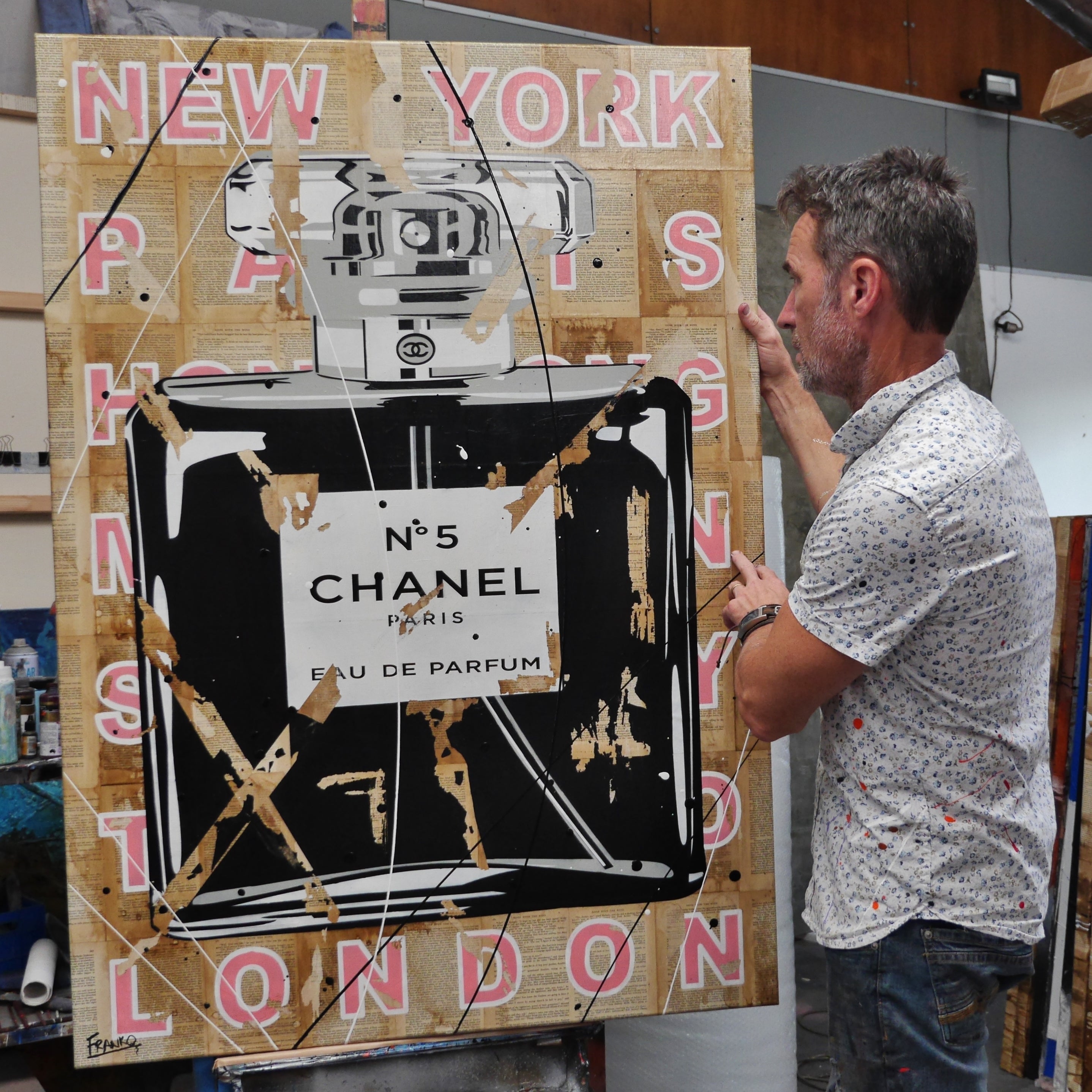 Chanel Perfume Bottle Urban Pop Art Painting - 140cm x 100cm Large Canvas Wall Decor for Living Room, Bedroom & Book Club | Ripped Fragrances Style
