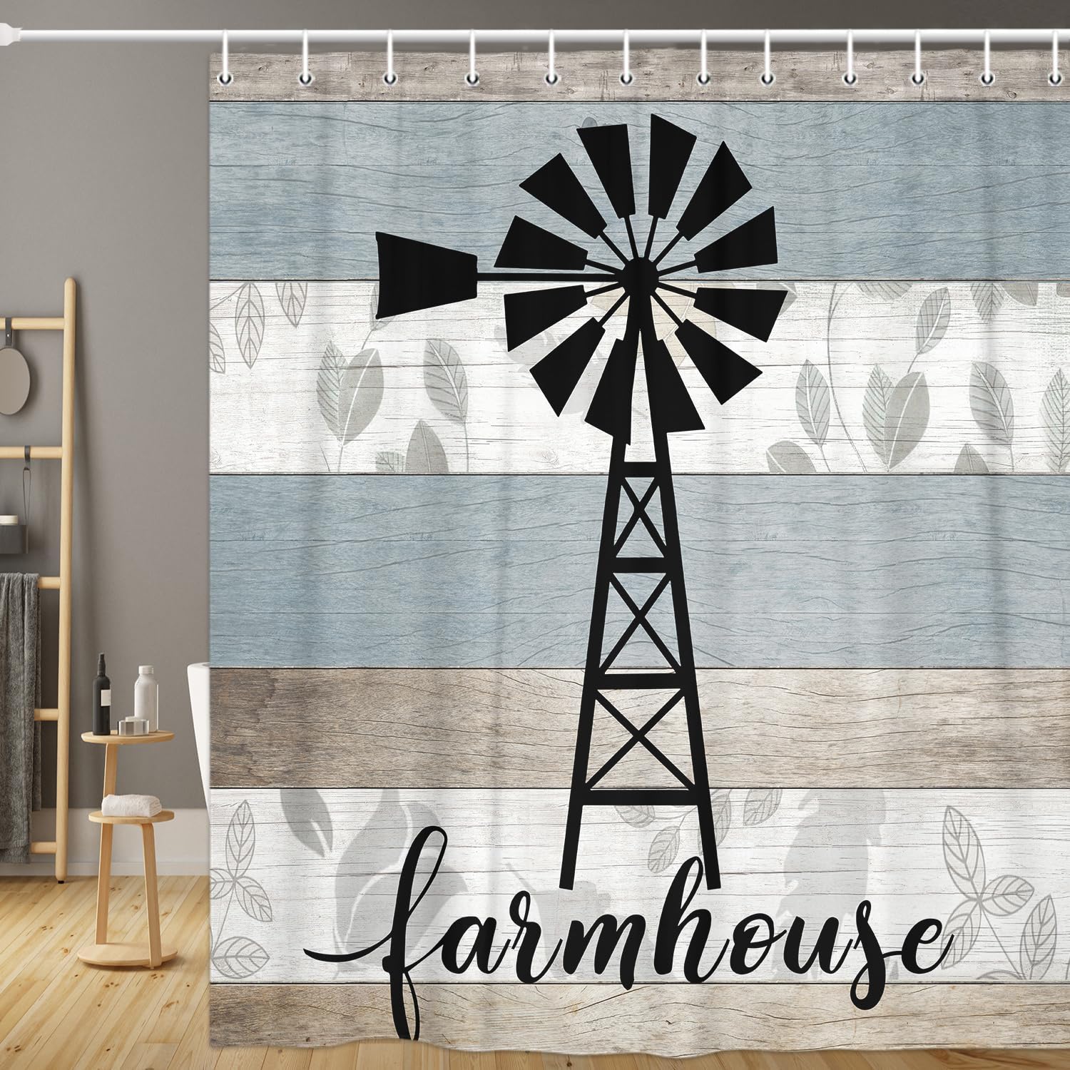 JAWO Farmhouse Shower Curtain - Vintage Black Windmill Teal Grey Rustic Country Wooden Plank Design, Polyester Fabric Bathroom Curtain Set with Hooks (69x70 inches) - Perfect for Country Style, Cottage, and Farmhouse Bathroom Decor