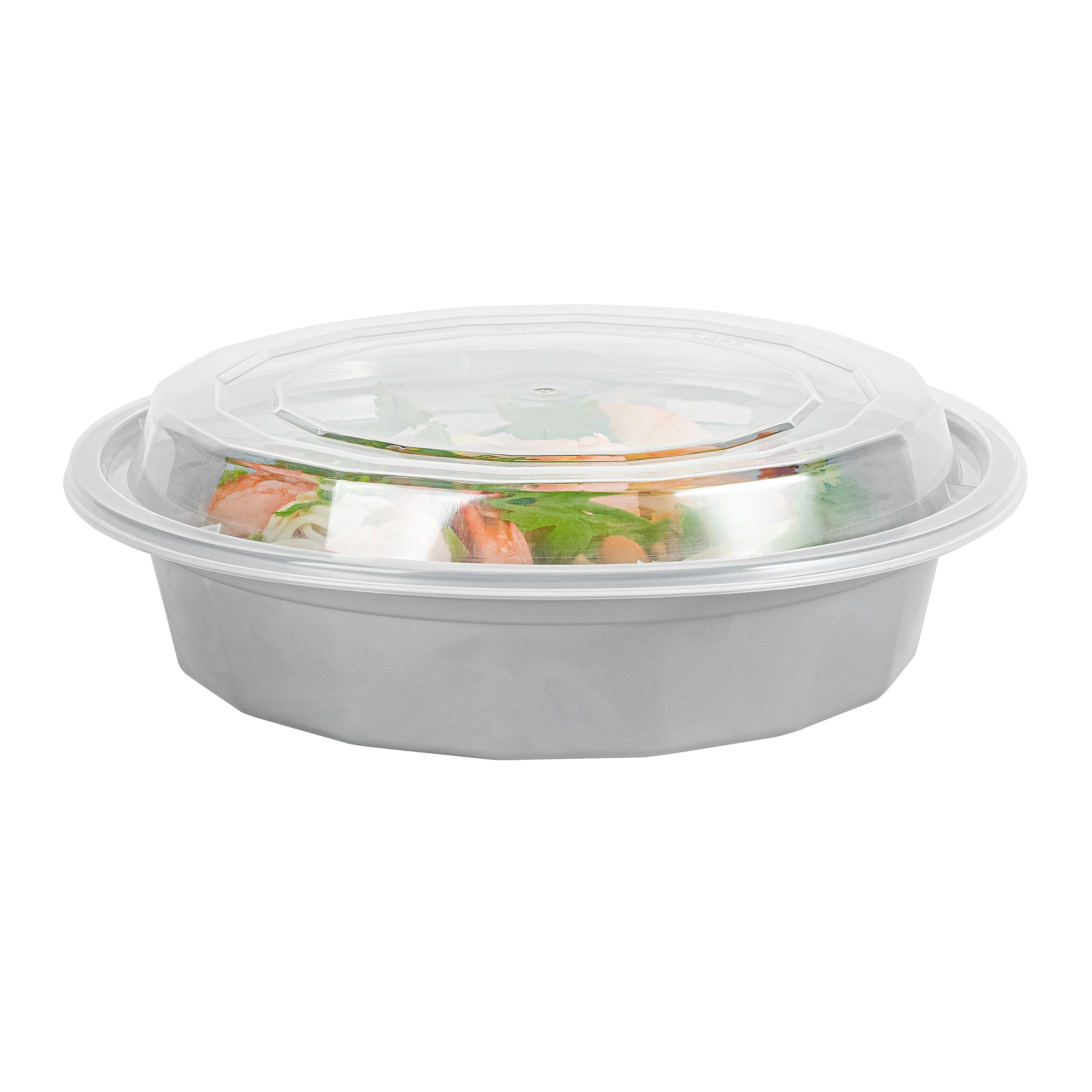 24 oz Round Silver Plastic Takeout Containers with Clear Lids - 100 Pack (7.25