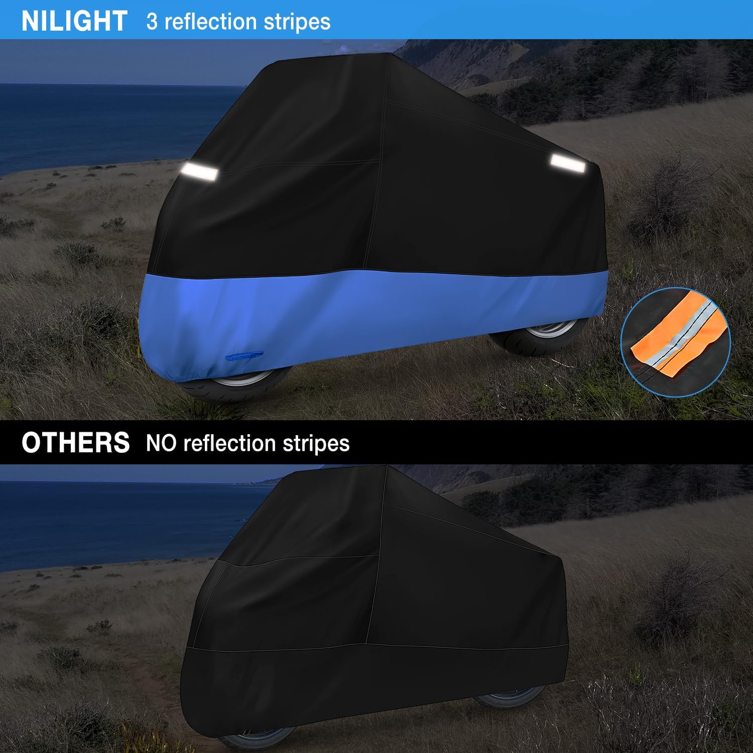 Heavy Duty Motorcycle Cover with Lock Hole, Storage Bag & Reflective Strips - Fits Up to 108 Inch Bikes - Waterproof, UV Resistant for Outdoor Parking & Storage