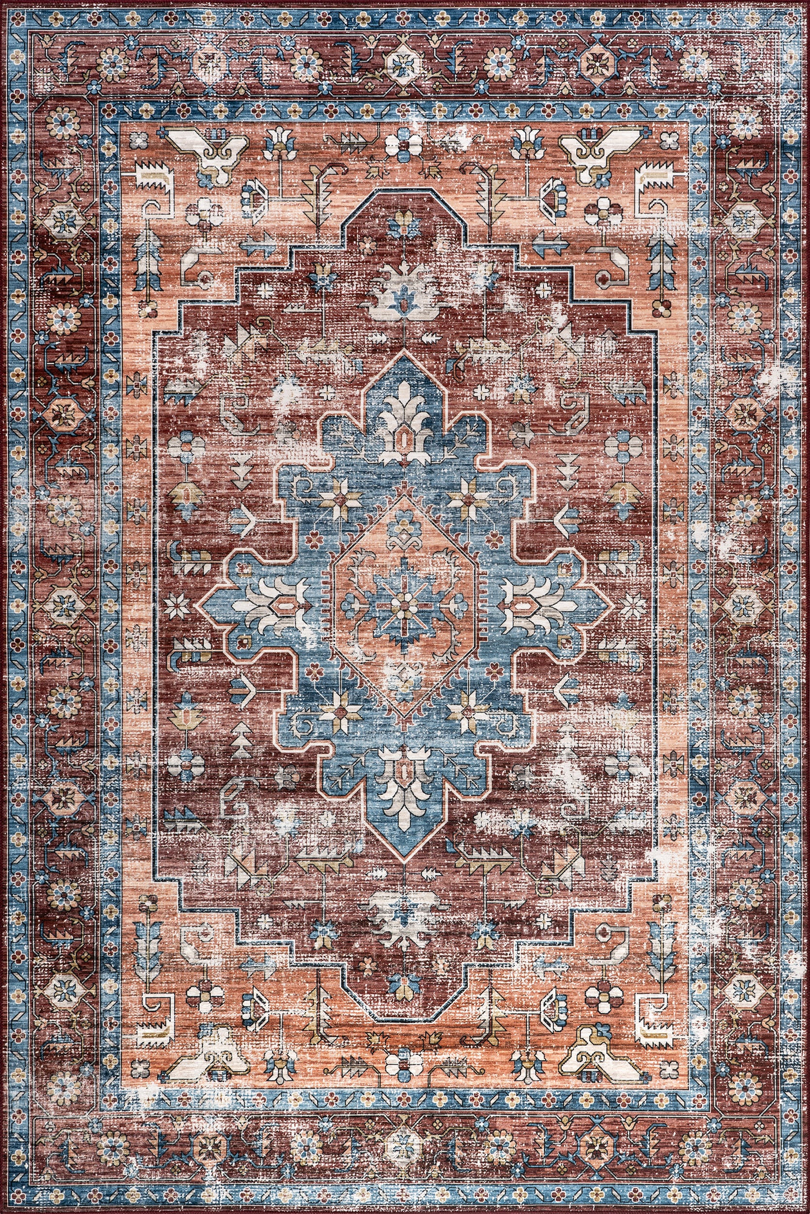 Castle Medallion Spill Proof Washable Rug - Non-Slip Stain Resistant Indoor/Outdoor Area Rug for Living Room, Bedroom, Kitchen, Patio - Rust Color