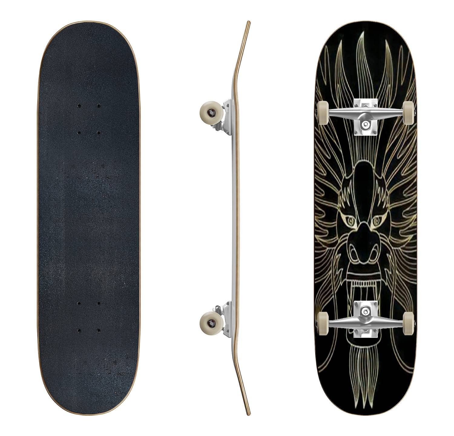 Golden Chinese Dragon Classic Concave Skateboard - Professional & Beginner Longboard for Extreme Sports | Cool Teen Gifts for Street Skating, Commuting & Park Tricks