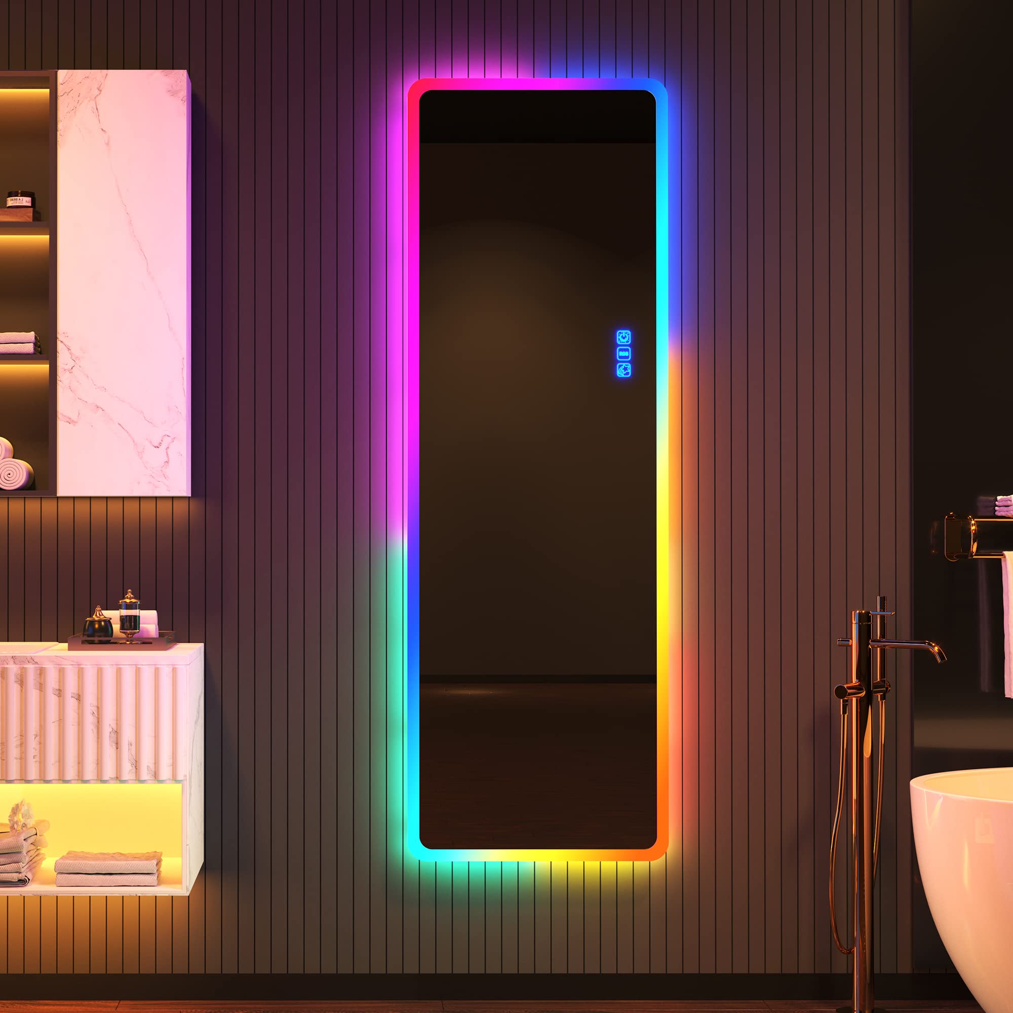 Kasibie RGB LED Full Length Mirror with 7 Color Changing & Dimmable Lights - 47x16 Inch Over Door Wall Mounted Hanging Mirror for Bedroom, Bathroom, Dressing Room & Vanity Makeup Area