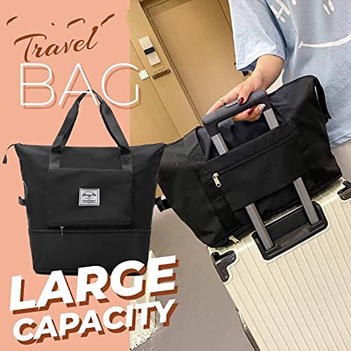Expandable Travel Tote Bag - Large Capacity Lightweight Weekender Bag with Dry & Wet Separation - Foldable Gym Bag for Vacation, Business Trips & Outdoor Adventures (Black)