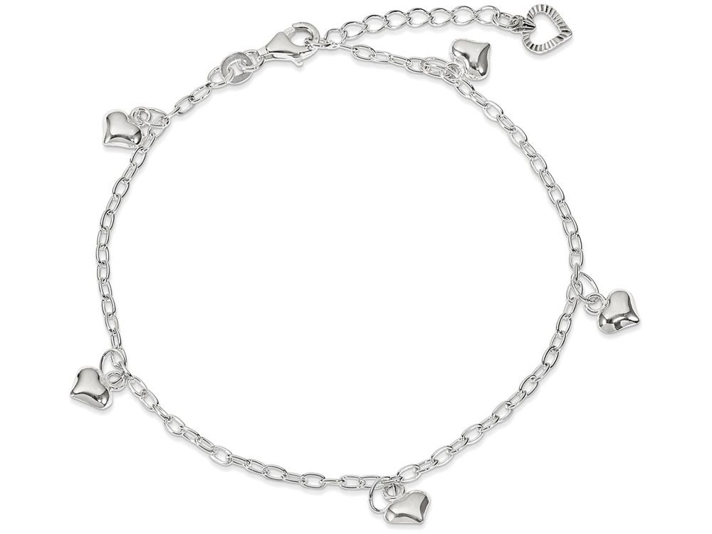 Sterling Silver Polished Puffed Heart Anklet for Women - Elegant Adjustable Ankle Bracelet - Perfect for Beach, Summer Outfits & Everyday Wear