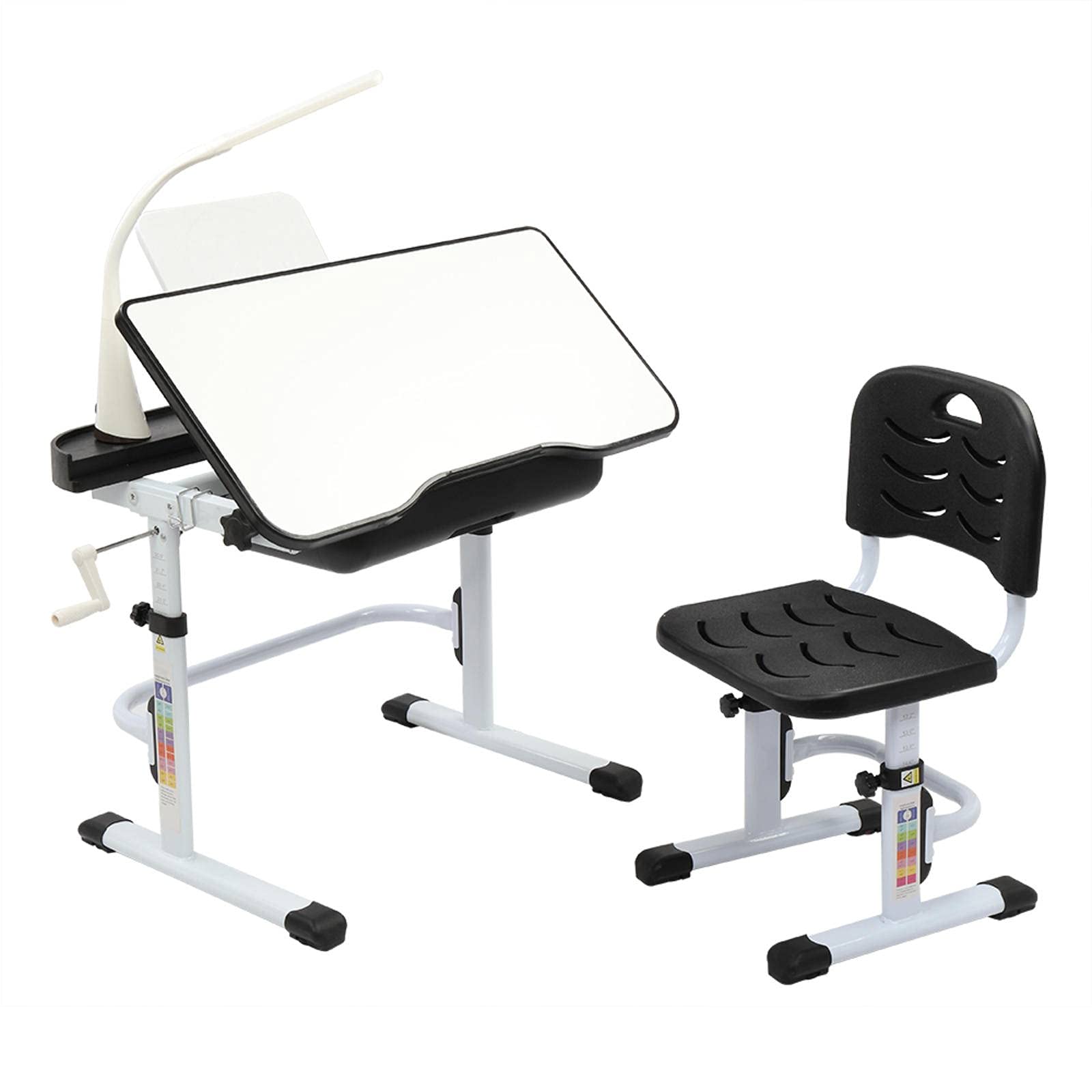 80CM Adjustable Height Hand-Cranked Tilt Top Kids Study Desk & Chair Set with Reading Stand & USB Desk Lamp - Perfect for Children's Learning, Homework & Reading Activities