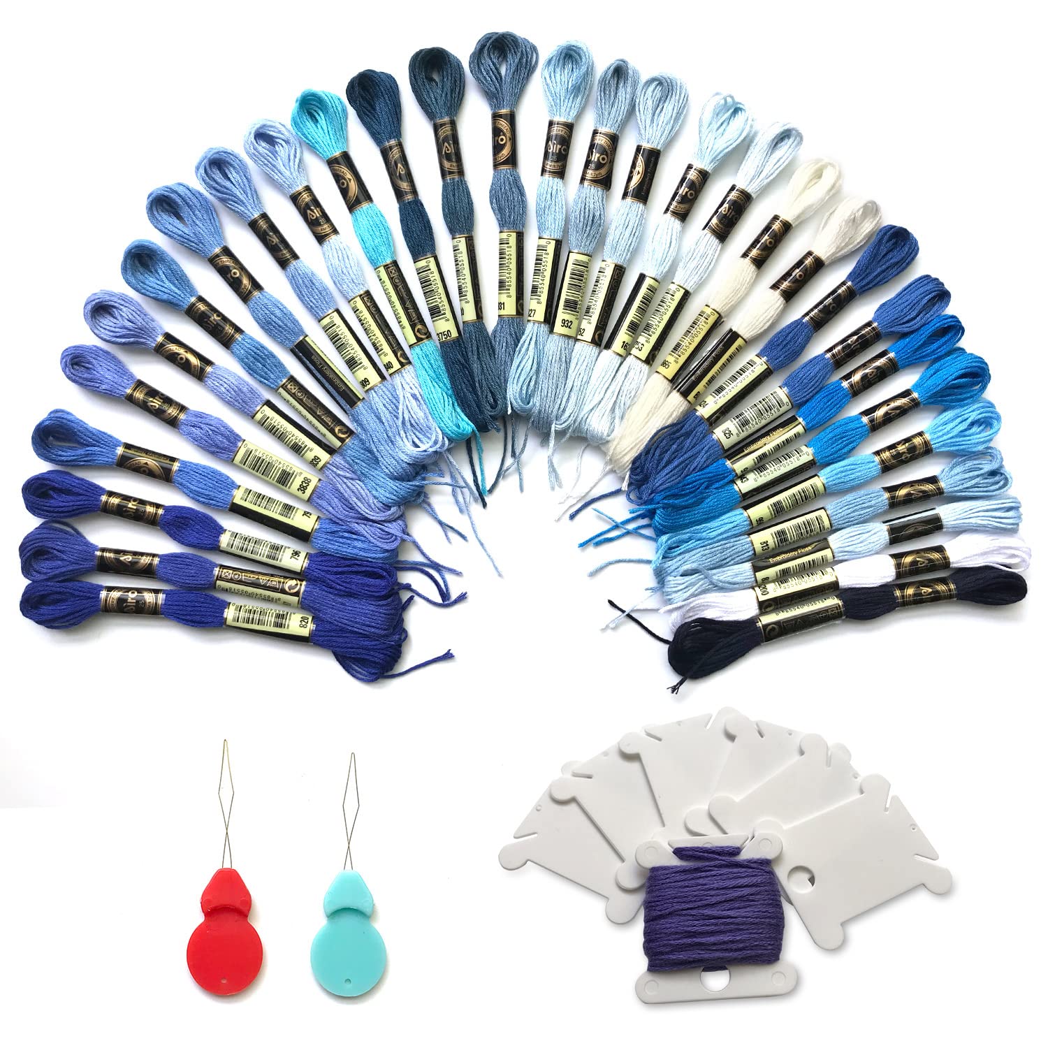 30 Skeins Embroidery Floss for Cross Stitch, Friendship Bracelets & DIY Crafts - Includes 10 Bobbins & 2 Needle Threaders (Blue) - Perfect for Handmade Jewelry, Sewing Projects & Home Decor