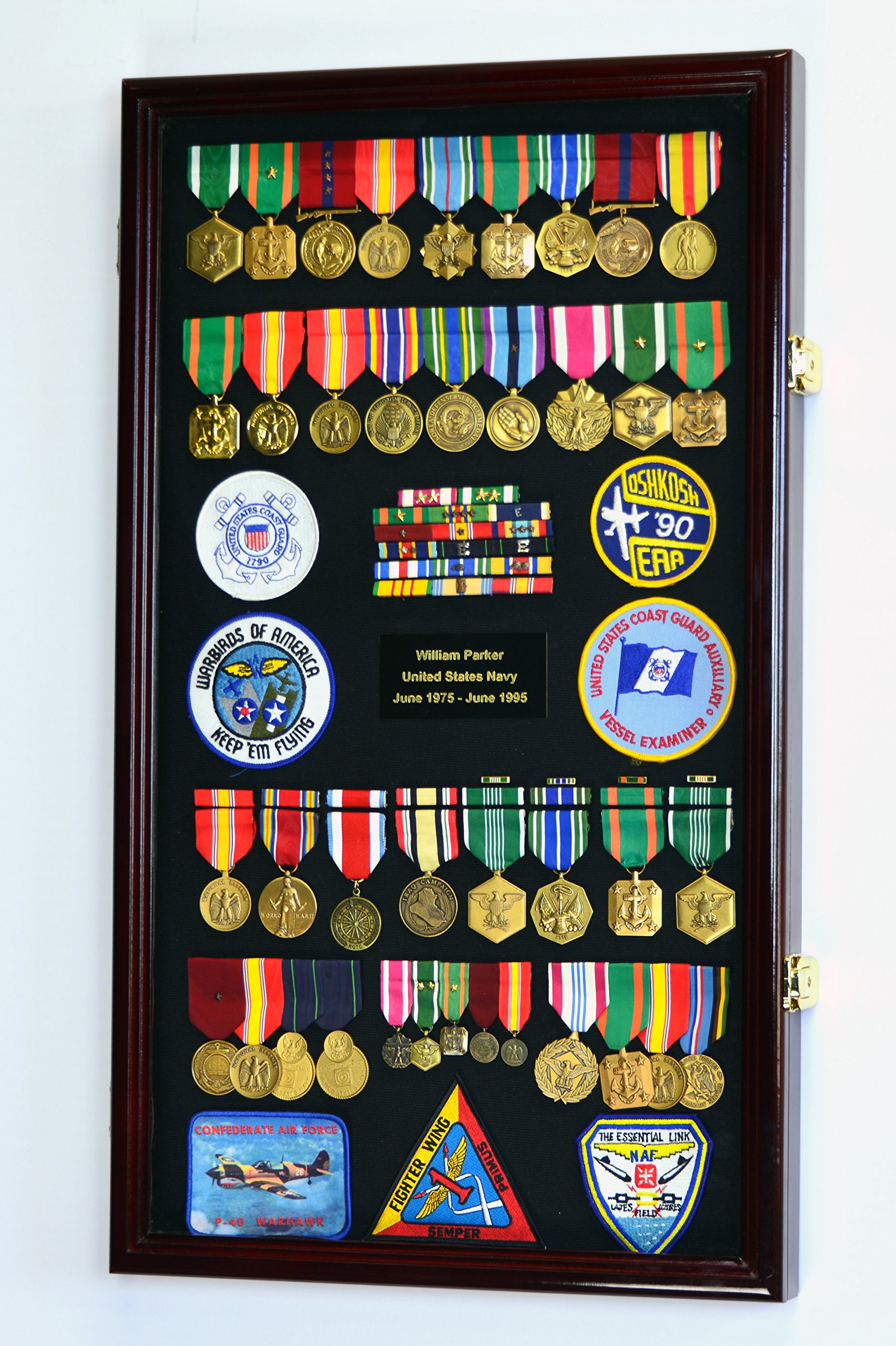Large Military Medals, Pins, Patches, Insignia & Ribbons Display Case with Flag - Premium Wall Mount Cabinet for Army, Navy, Air Force Decor & Collectors Showcase