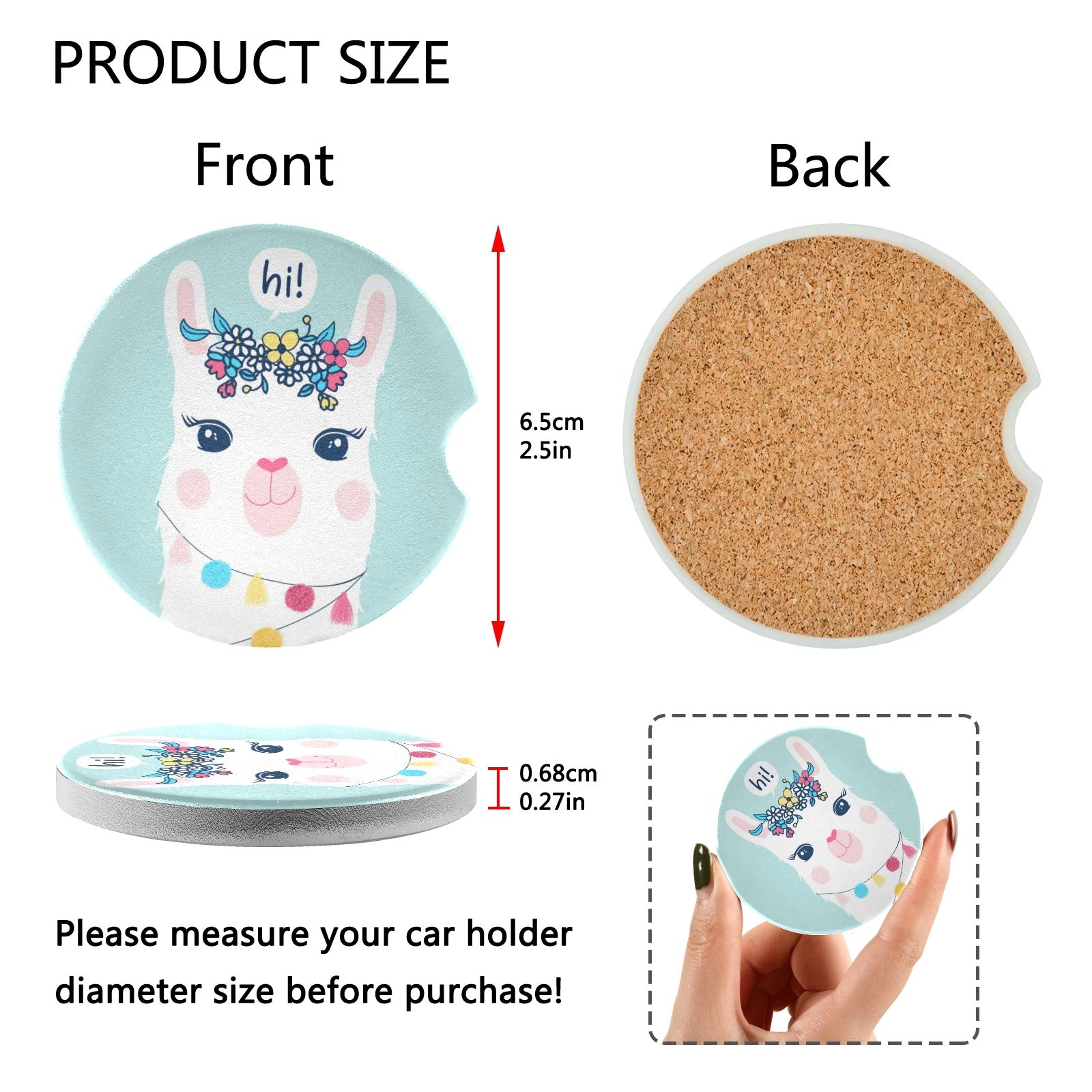 2-Pack Absorbent Ceramic Llama Car Coasters with Cork Back & Finger Slot - Cute Drink Coasters for Car Cup Holders - Perfect Car Accessories Gift for Men & Women - Prevent Spills While Driving