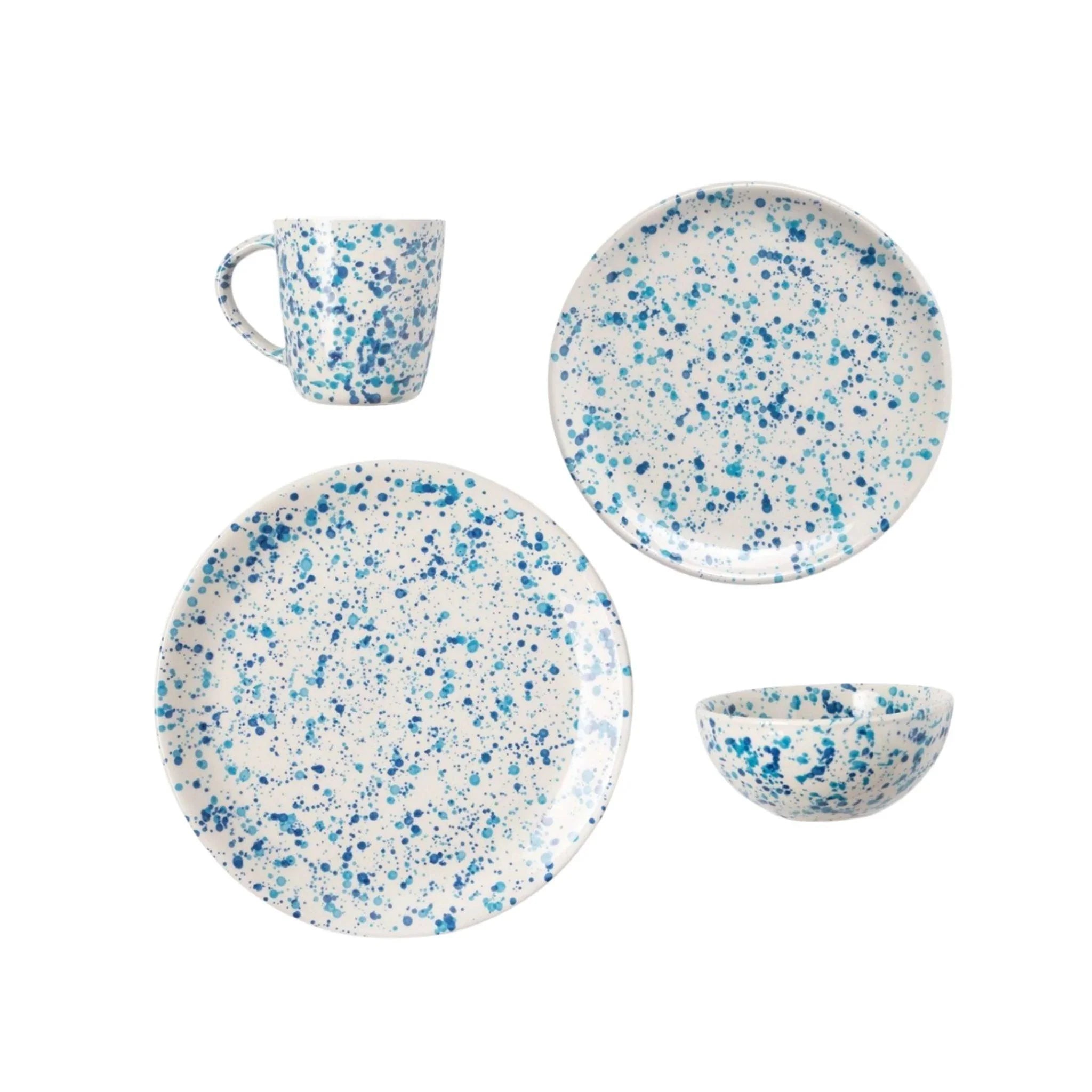 Blue and White Splatter Design Ceramic Dinnerware Set - 16-Piece Porcelain Plates, Bowls & Mugs for Modern Dining, Kitchen & Restaurant Use
