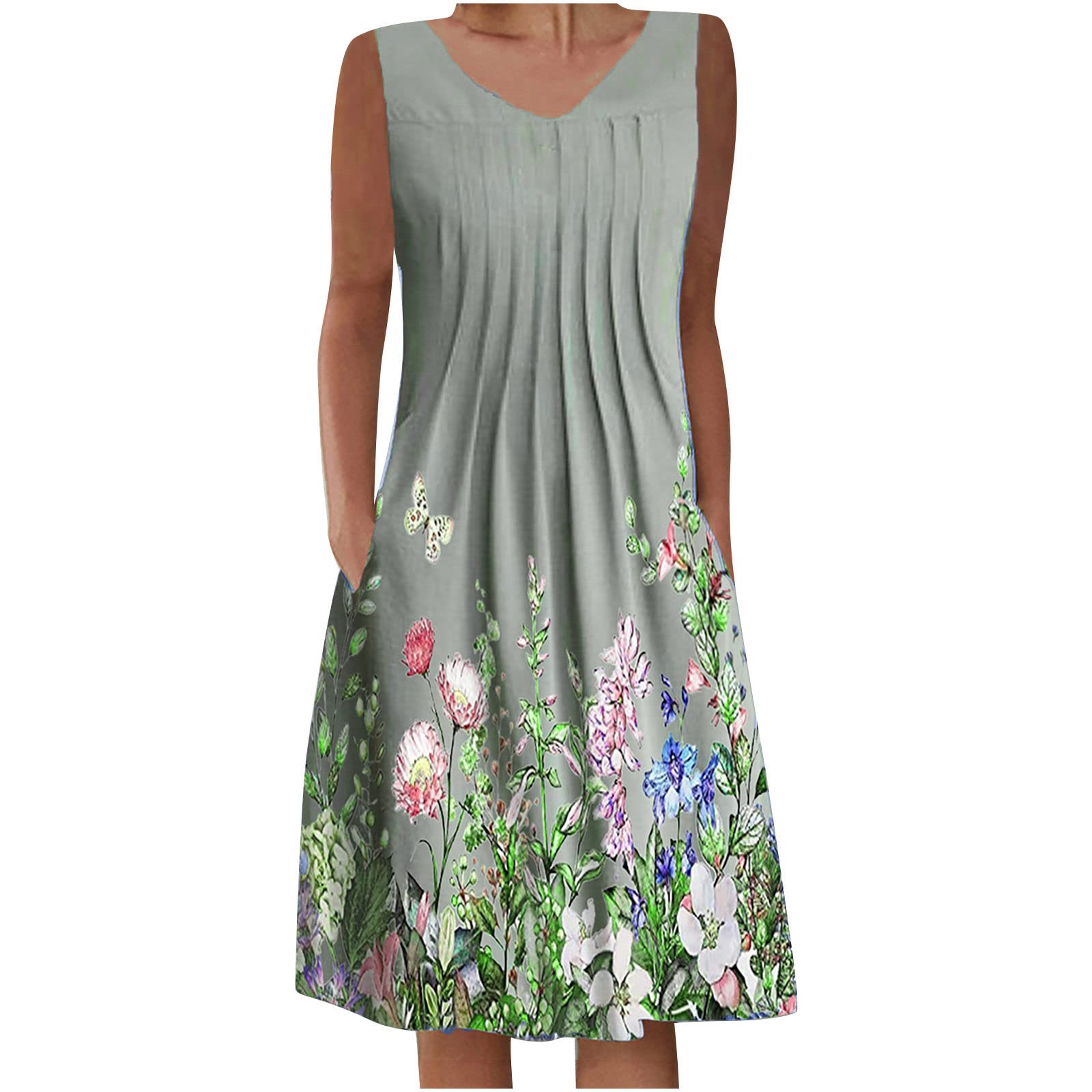 Women's Summer Casual T-Shirt Dress - Floral Print Loose Fit Pleated Sleeveless Midi Sun Dress with Pockets | Perfect for Beach, Vacation, and Everyday Wear