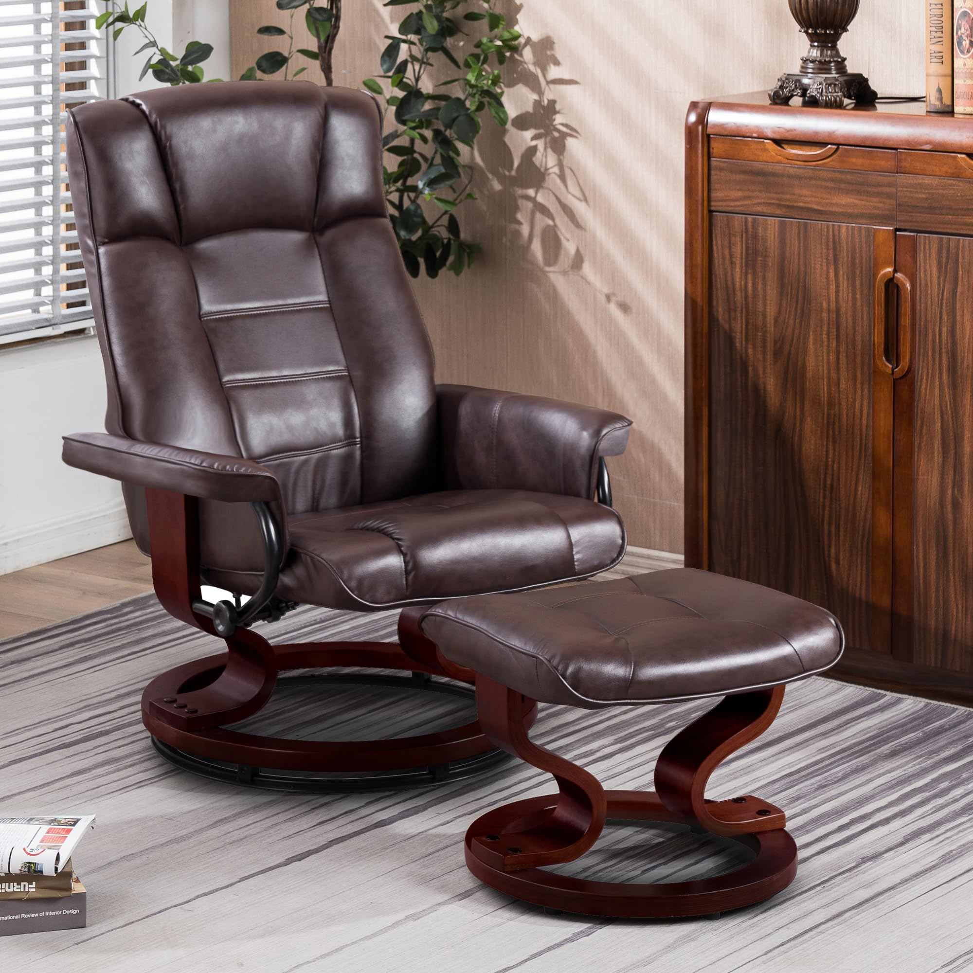 MCombo Manual Swivel Recliner Chair with Ottoman Set - Faux Leather Dark Brown Living Room Furniture for Small Spaces, RV, Bedroom & Office - Perfect for Relaxing, Reading & Watching TV