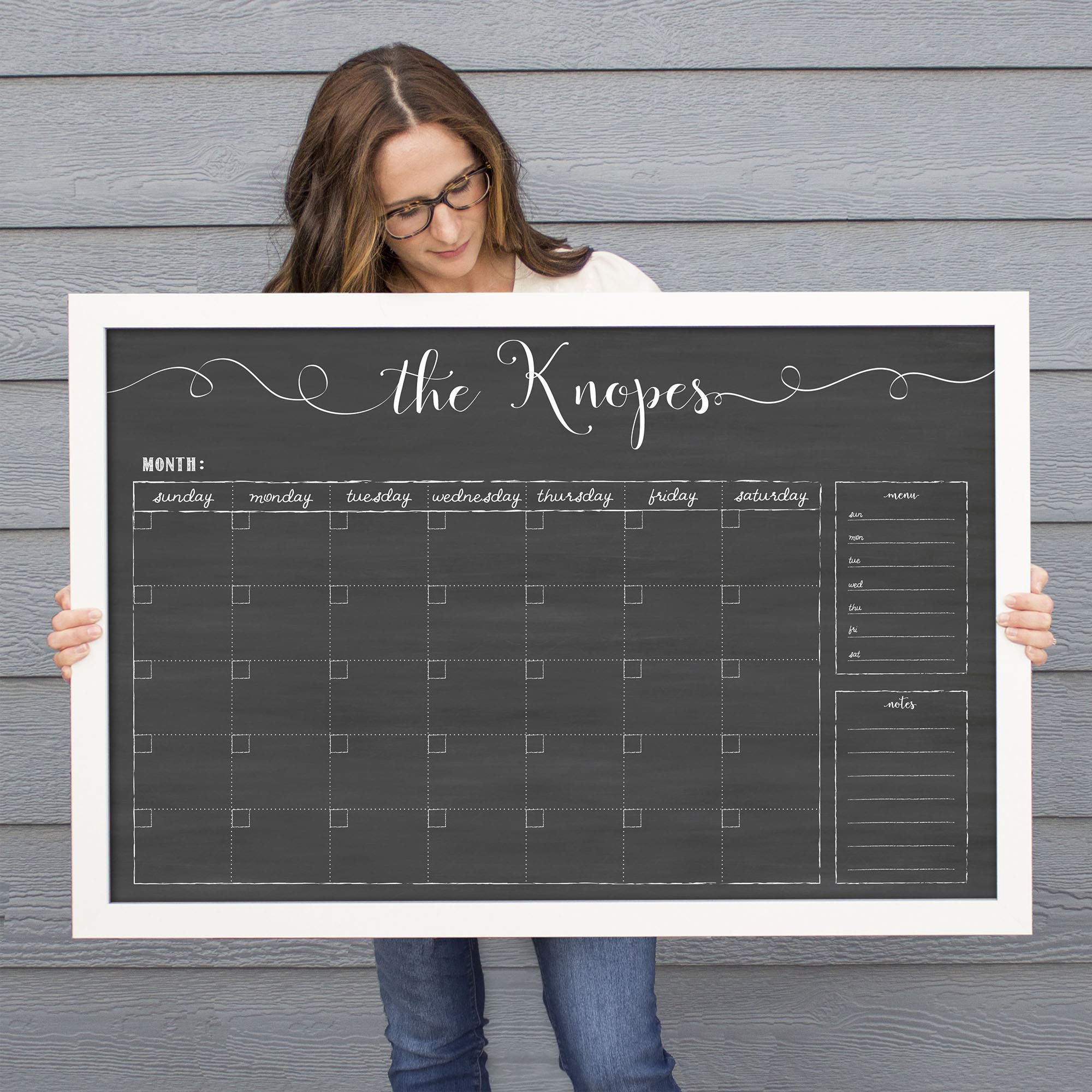 24x36 Large Dry Erase Framed Calendar - Custom Family Name & Cursive Hanging Chalkboard Style - Perfect for Home, Office, and Classroom Organization