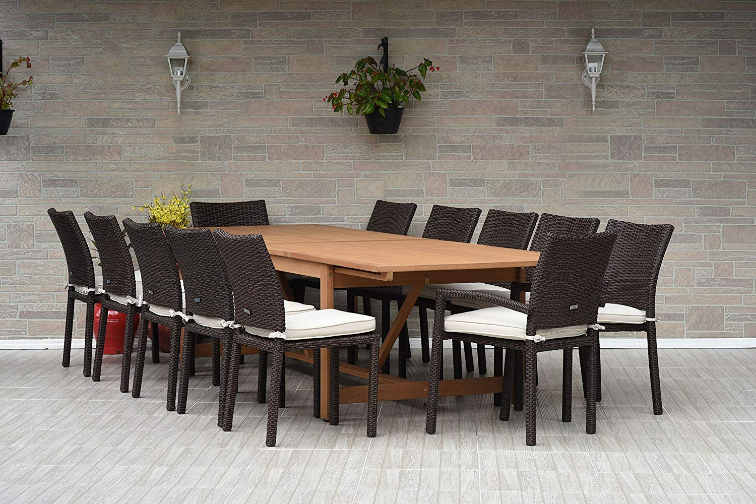 Amazonia Jefferson 13-Piece Patio Dining Set with Extendable Table & Light Wicker Chairs - Brown Teak Finish | Outdoor & Indoor Use | Perfect for Backyard BBQs, Poolside Gatherings & Garden Parties