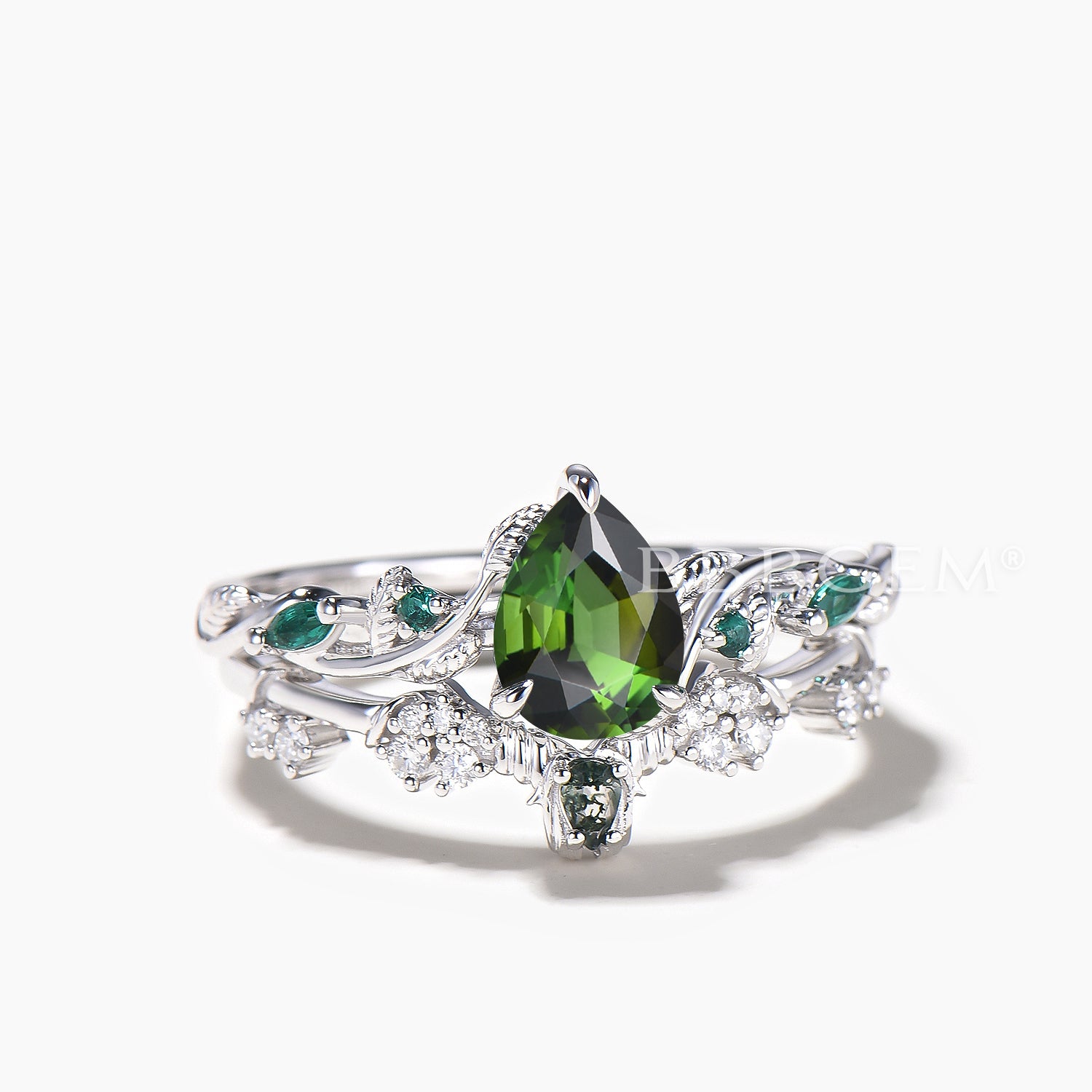 Pear Cut Natural Green Tourmaline Leaf Engagement Ring with Agate & Diamond Accents - Elegant Bridal Set for Wedding, Proposal & Anniversary Celebrations
