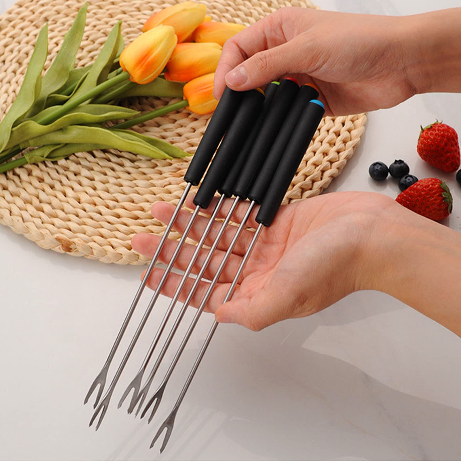 Premium Stainless Steel Fondue Forks Set of 6 - 12 Inch Long Forks for Cheese, Chocolate Fondue, Cakes & Fruits - Rust Resistant & Durable - Perfect for Parties, Family Gatherings & Romantic Dinners