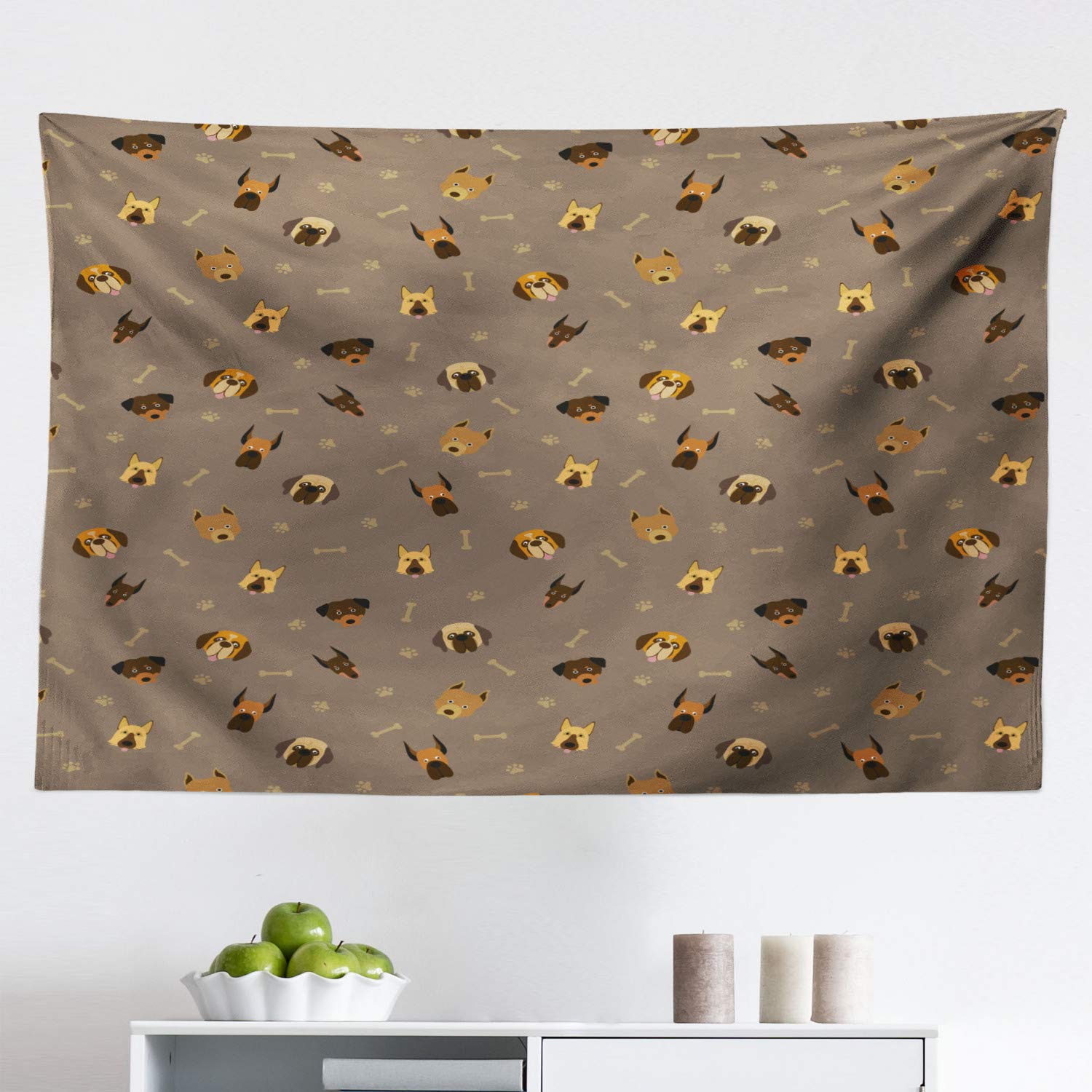 Ambesonne Dog Lover Tapestry - Repeating Pattern of Pet Heads, Paw Prints & Bones - Fabric Wall Hanging Decor for Bedroom, Living Room, Dorm - 45