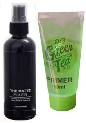 Red Balloons Makeup Base Set - Green Tea Primer (50g) & Matte Fixer (100ml) | Long-Lasting Makeup Combo for Oily Skin, Perfect for Daily Use & Special Occasions