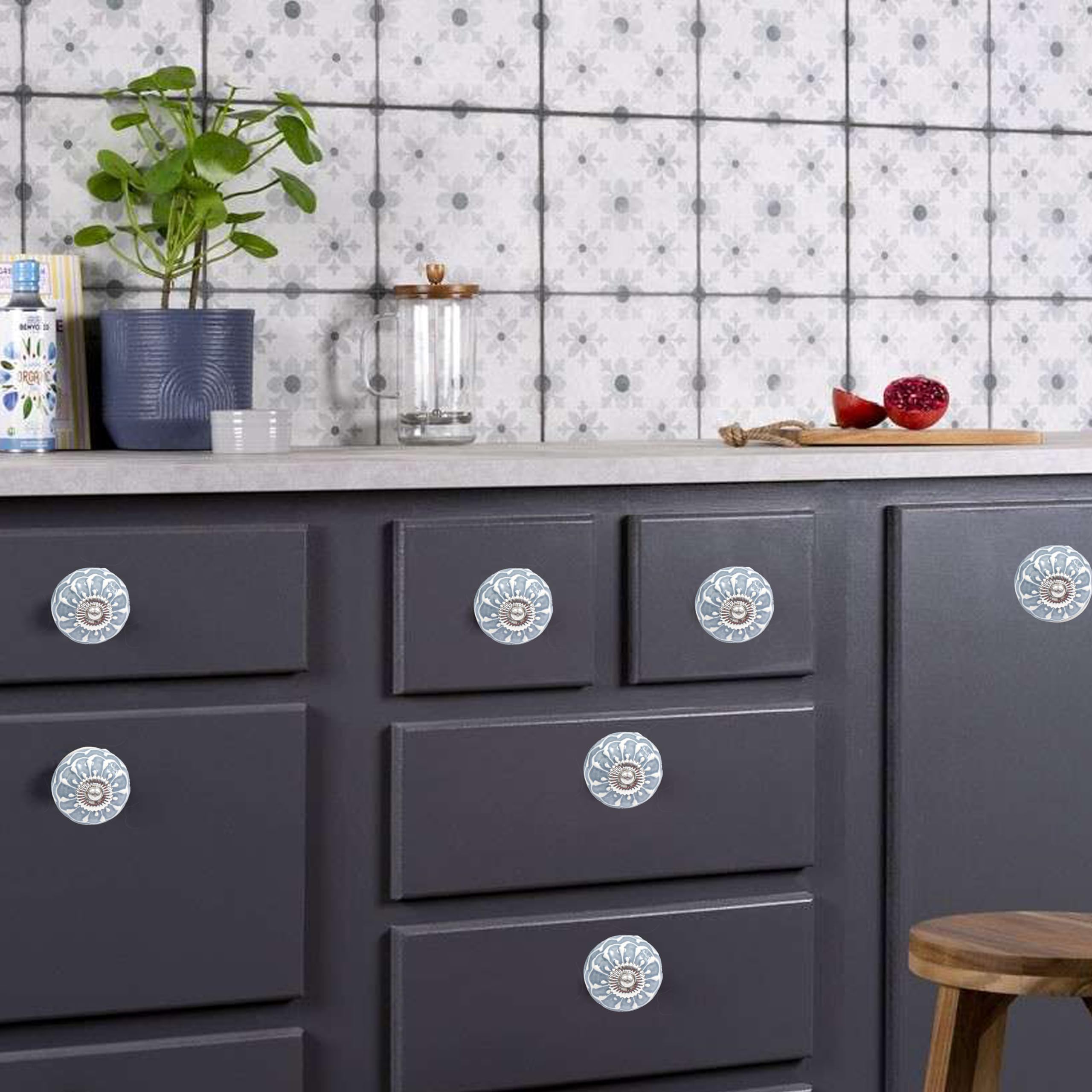 ALPHA Living HOME 12-Pack Ceramic Cabinet Knobs - Handcrafted Round Drawer Pulls for Kitchen Cabinets, Dressers, Wardrobes & Furniture - Durable Iron Base with Blue Silver Finish - Easy Installation for Home Renovation & DIY Projects