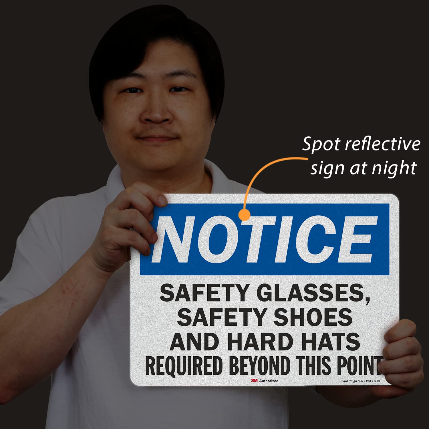 SmartSign 10 x 14 Inch OSHA Safety Sign - 'Notice: Safety Glasses, Shoes & Hard Hats Required Beyond This Point' - 5.5 Mil Laminated Vinyl with 3M Reflective Material - Blue/Black/White - Perfect for Construction Sites & Industrial Work Zones