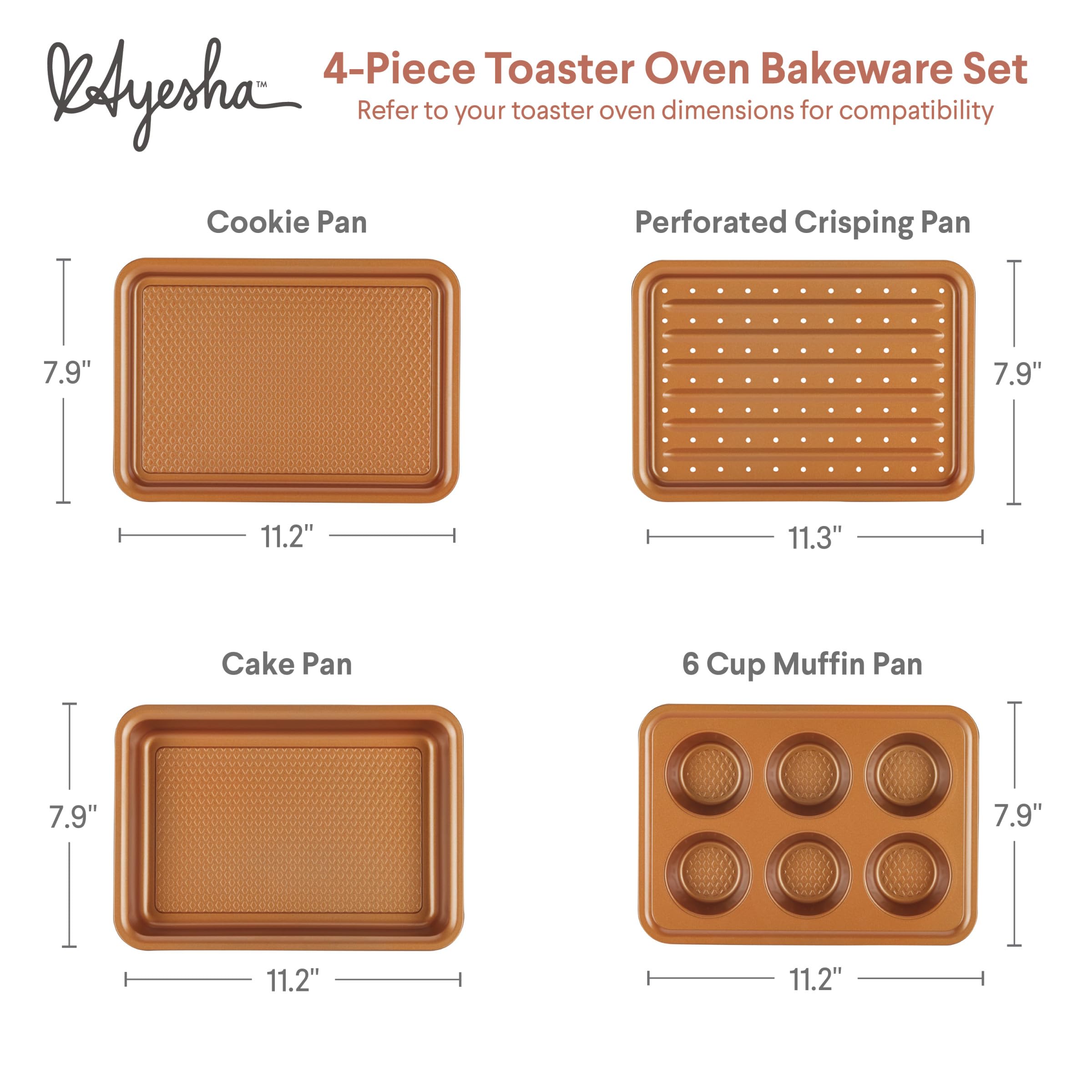 Ayesha Curry 4-Piece Nonstick Bakeware Set for Toaster Oven - Baking Pan, Cookie Sheet & Muffin Pan - Copper Brown | Perfect for Baking Cookies, Cupcakes & Family Meals