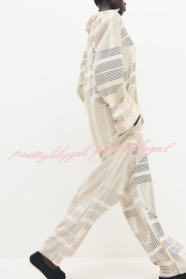 Stylish Printed Lapel Long Sleeve Blouse with Elastic Waist Casual Pants Set - Women's Loose Fit Wide Leg Trousers & Pocket Details for Office, Travel and Everyday Wear